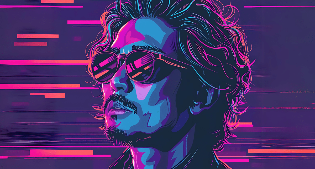 Portrait of Satoshi Nakamoto with a synthwave aesthetic.