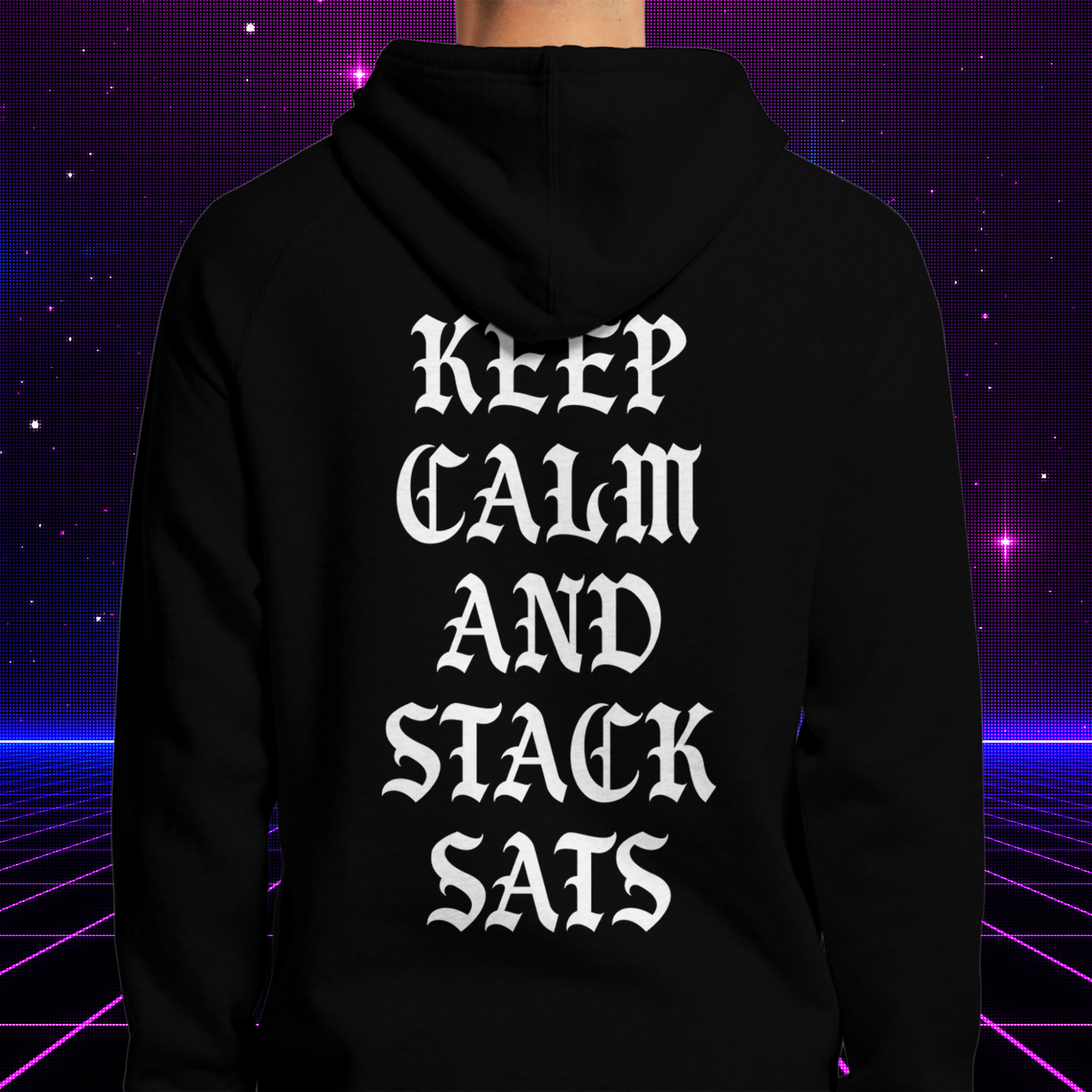 Bitcoin Clothing - Keep Calm And Stack Sats Hoodie. Male model image (front view).