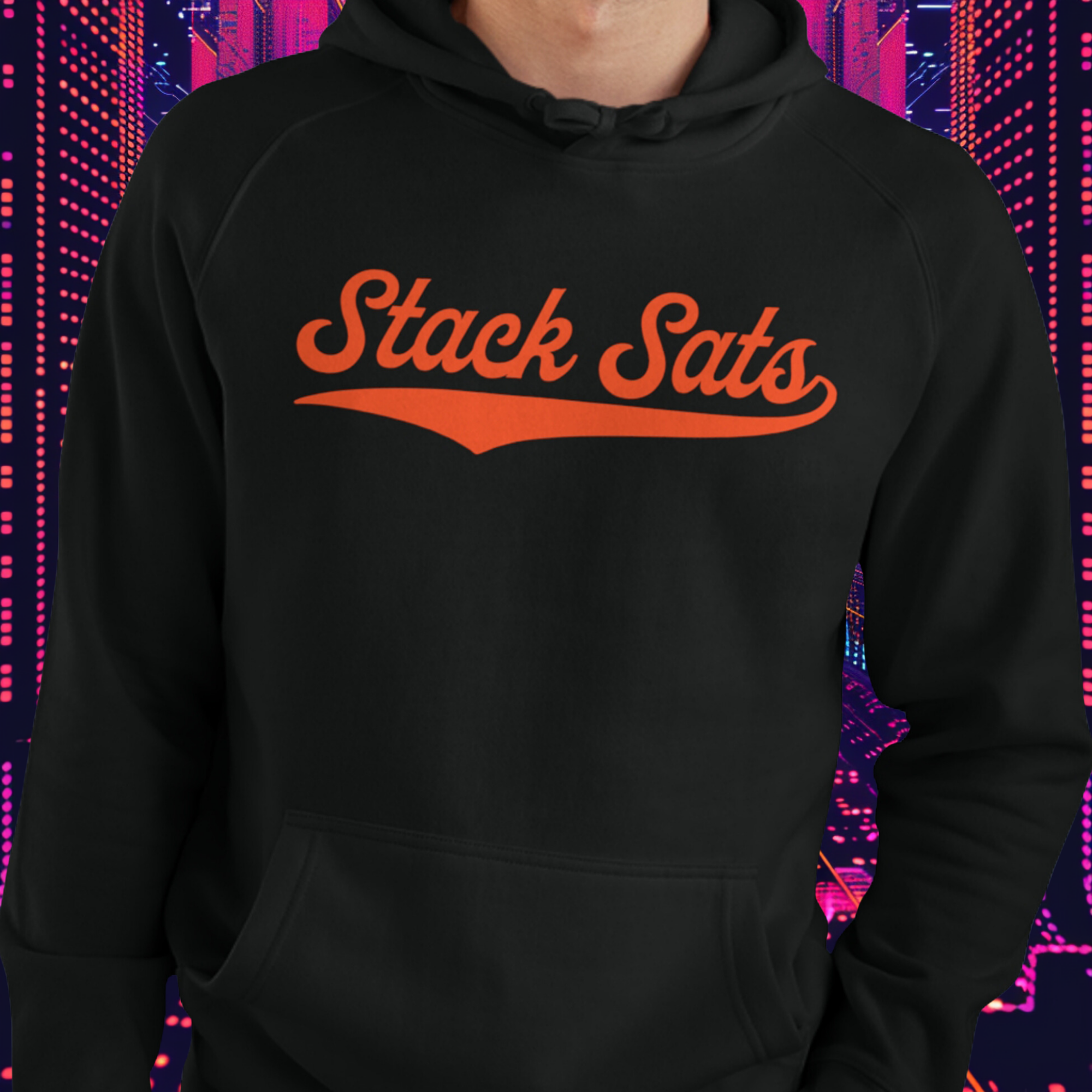  Stack Sats Hoodie (Orange Logo). Male model. Front view. Available at NEONCRYPTO STORE. 
