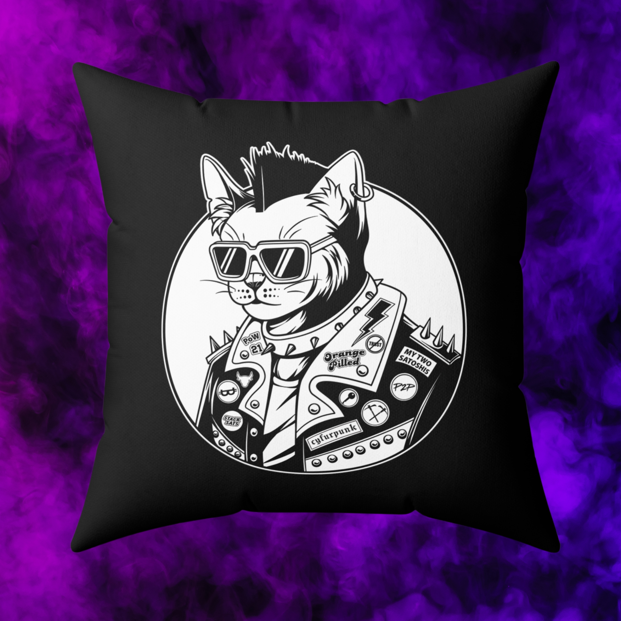 Bitcoin Home Decor - Bitcoin Cyfurpunk Pillow - Front View. Available from NEONCRYPTO STORE.