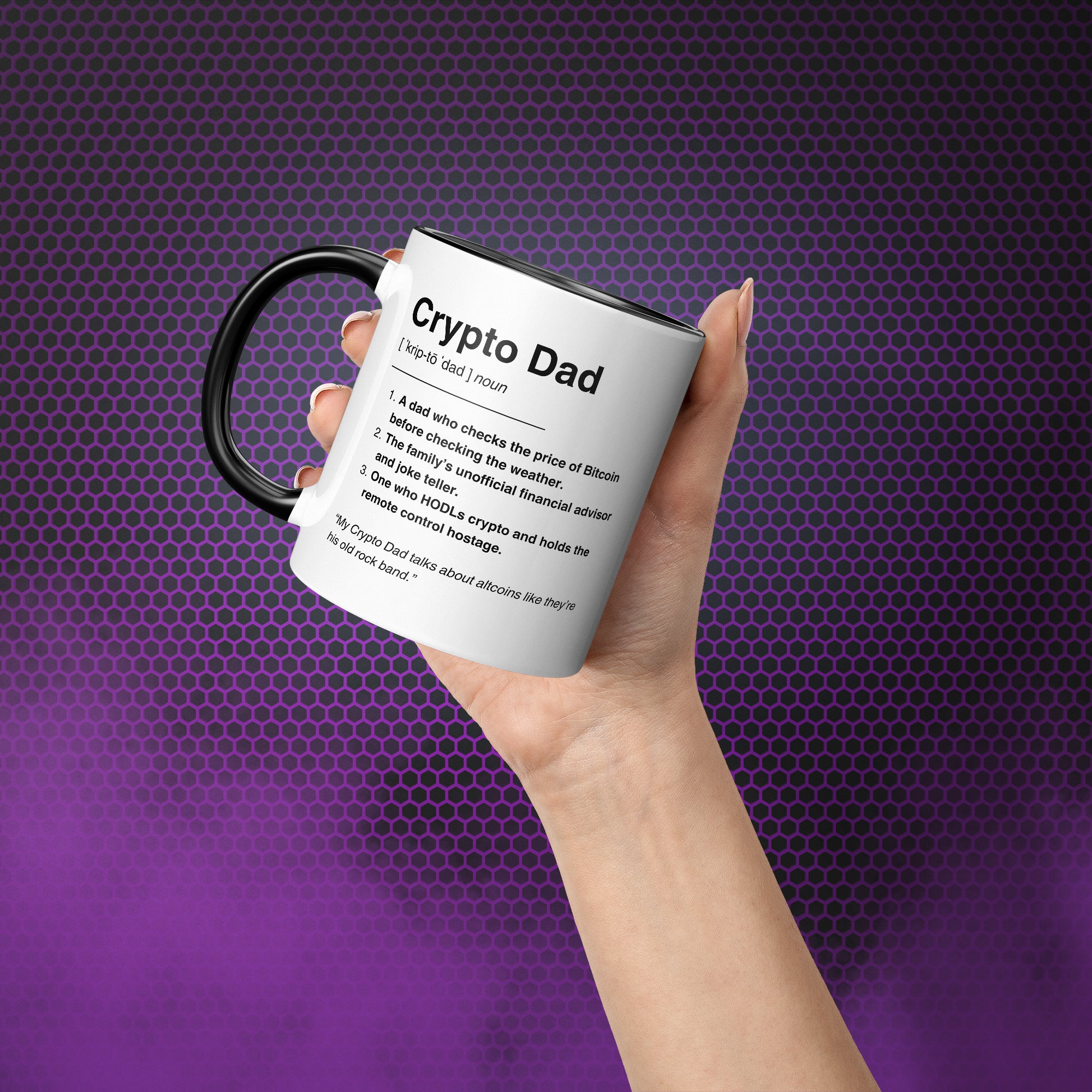 Crypto Drinkware: Crypto Dad Dictionary Mug. Available from NEONCRYPTO STORE.
