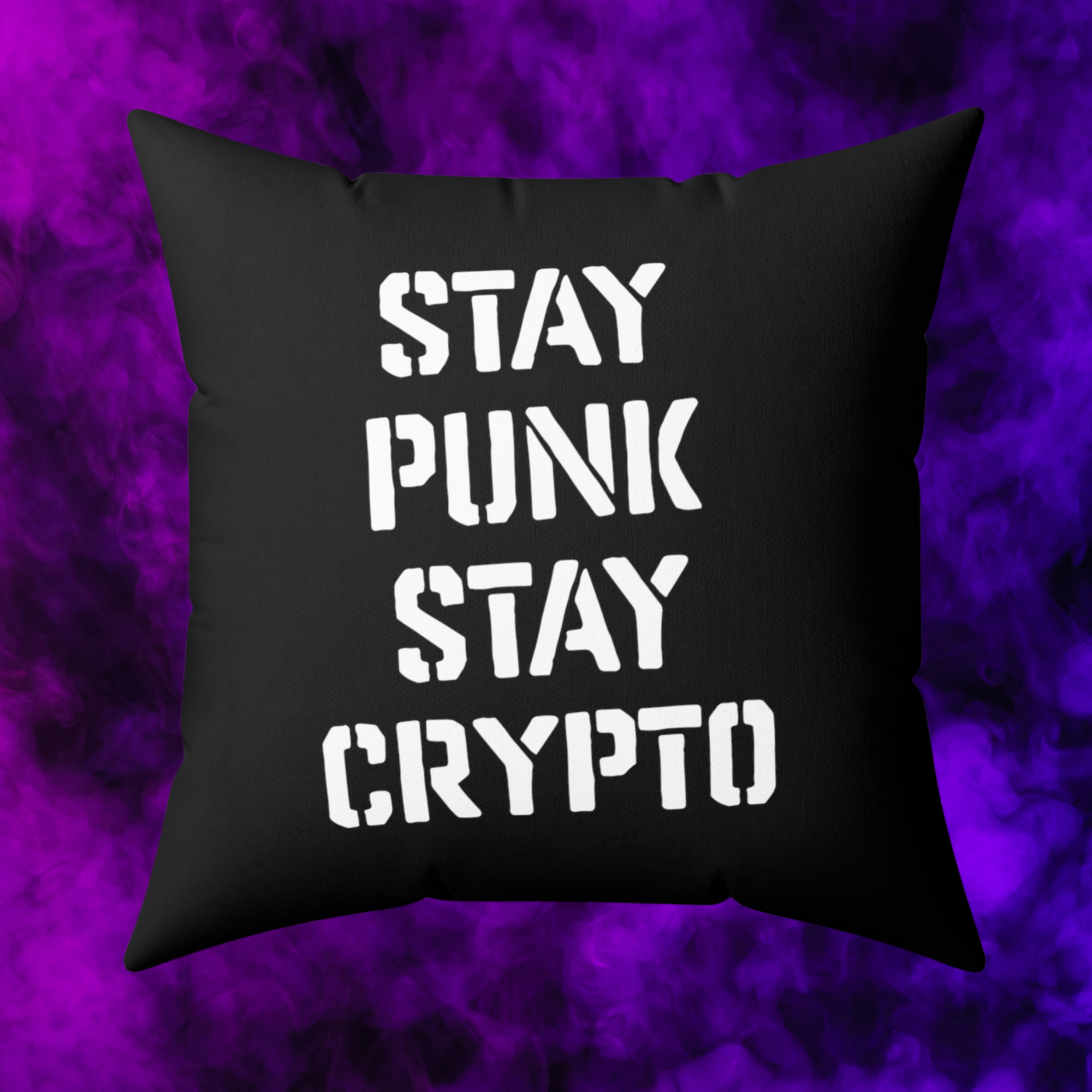 Bitcoin Cyfurpunk Pillow back view features the slogan Stay Punk Stay Crypto. Available from NEONCRYPTO STORE.