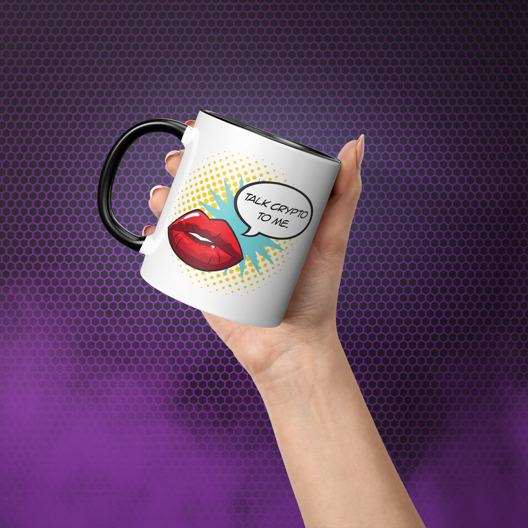  Gift for Crypto Lovers - Talk Crypto To Me Mug. Hand model image. Available at NEONCRYPTO STORE.