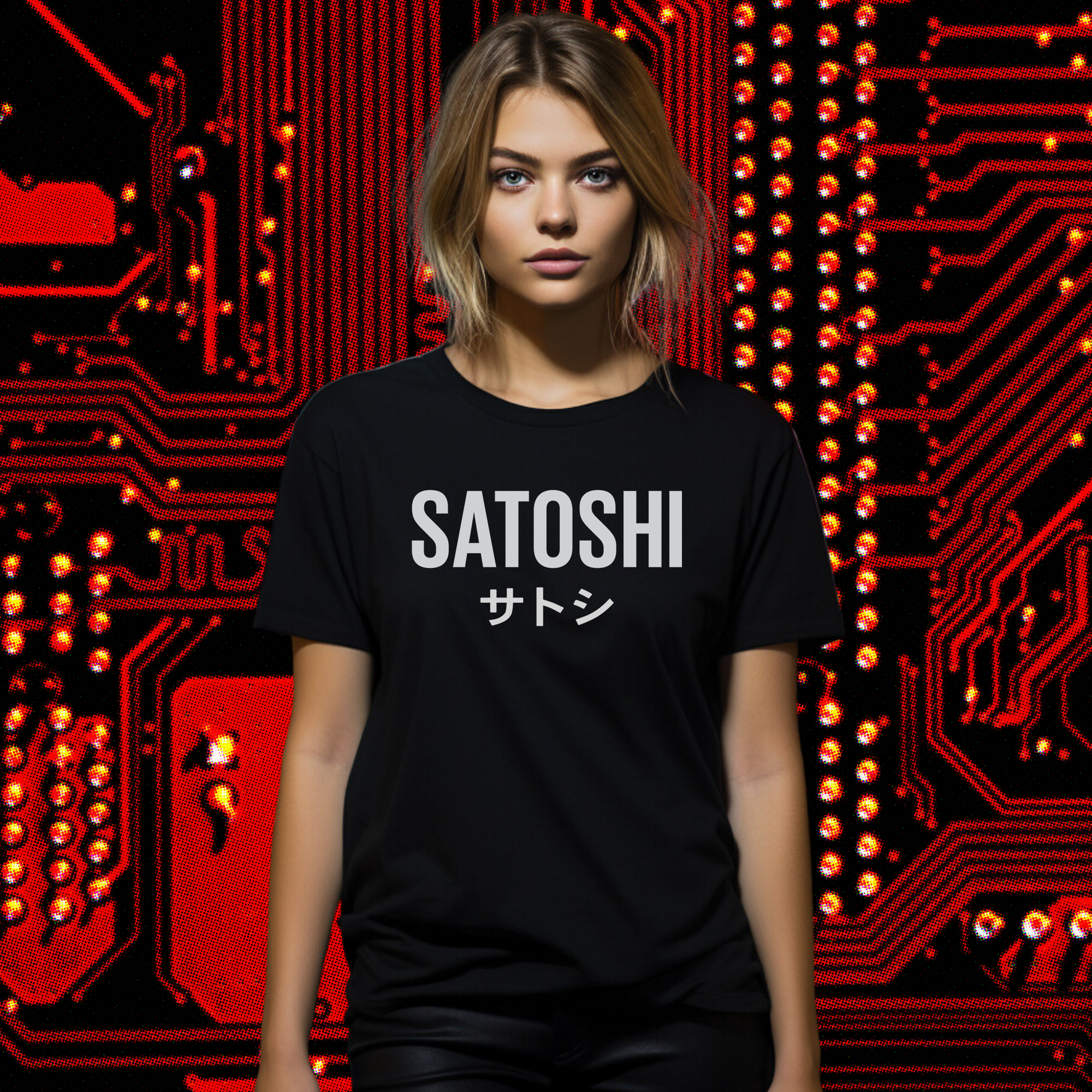 Bitcoin Clothing - Satoshi Tee worn by female model (front view). 
