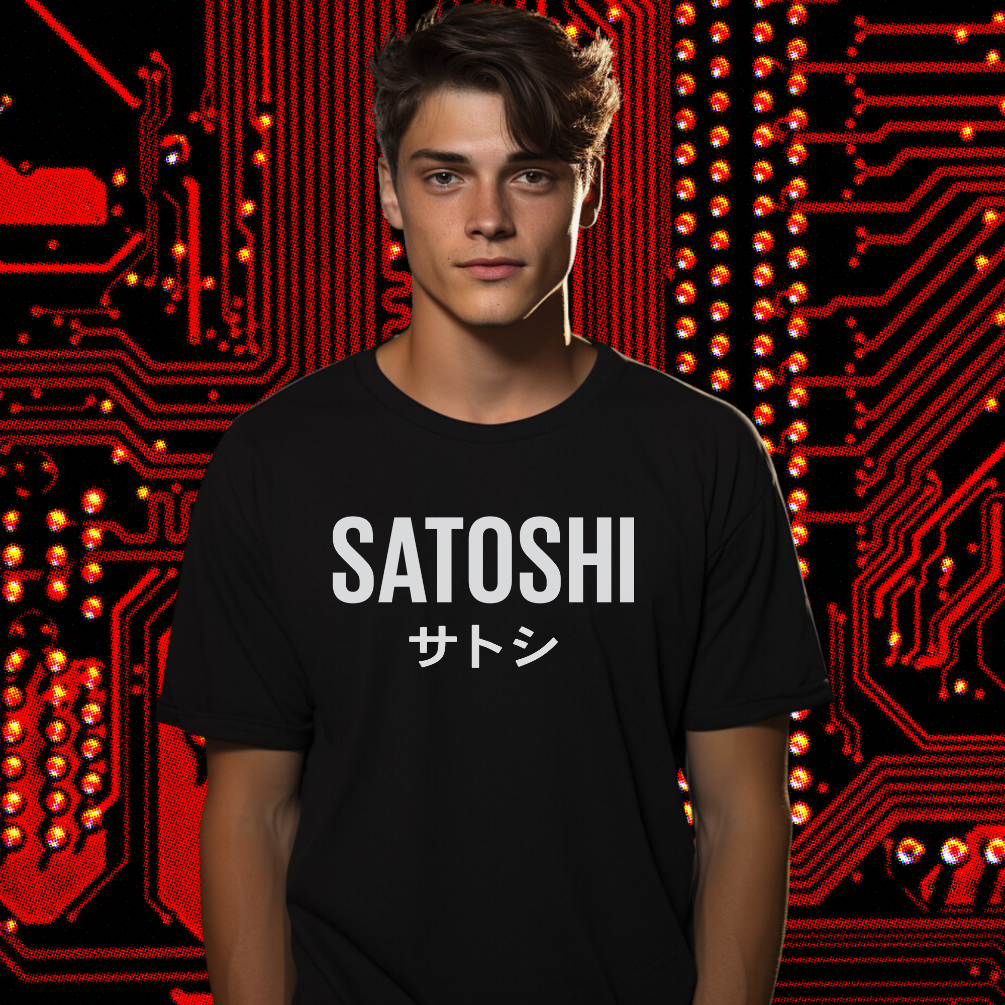 Bitcoin Apparel - Satoshi Shirt worn by male model (front view). 