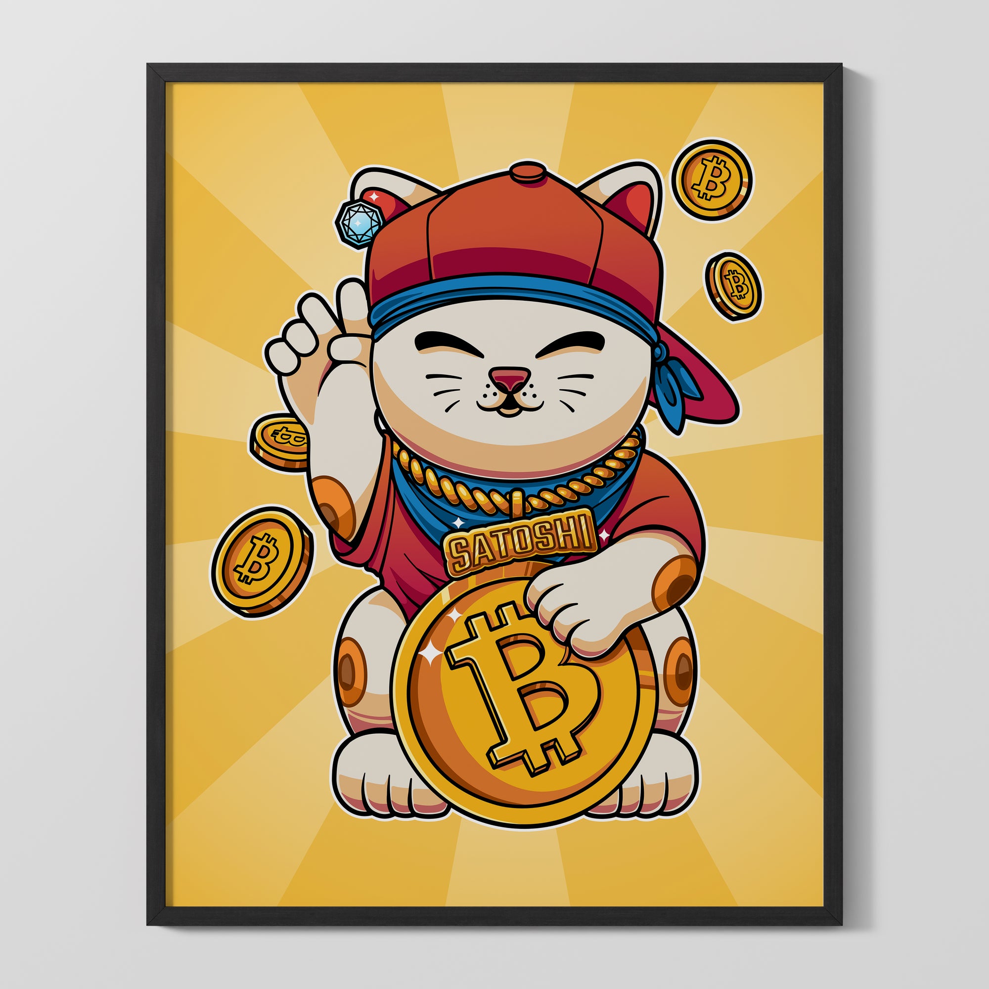 Bitcoin Art - Satoshi Lucky Cat Poster. Features a cool maneki-neko cat holding a Bitcoin. Available at NEONCRYPTO STORE.