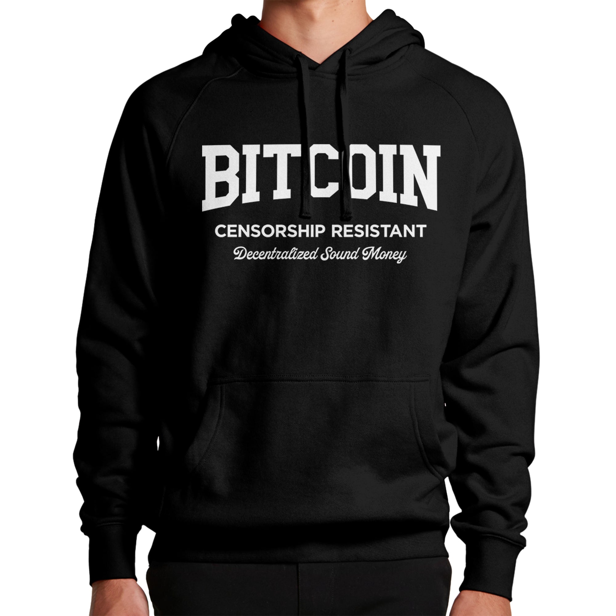 Bitcoin Merchandise - Bitcoin Censorship Resistant Hoodie. Model image (front view).