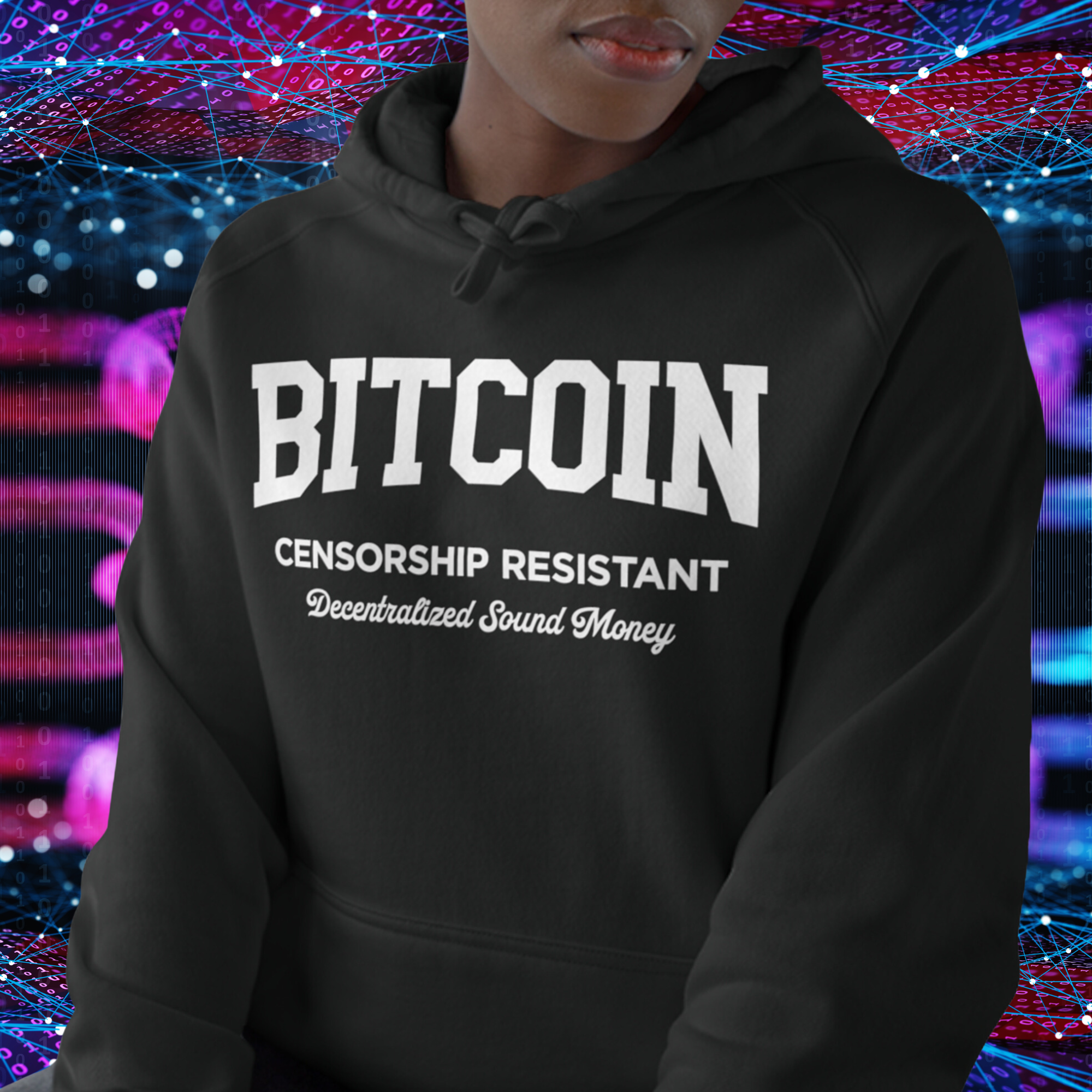 Bitcoin Clothing - Bitcoin Censorship Resistant Hoodie worn by a female model. Front view.