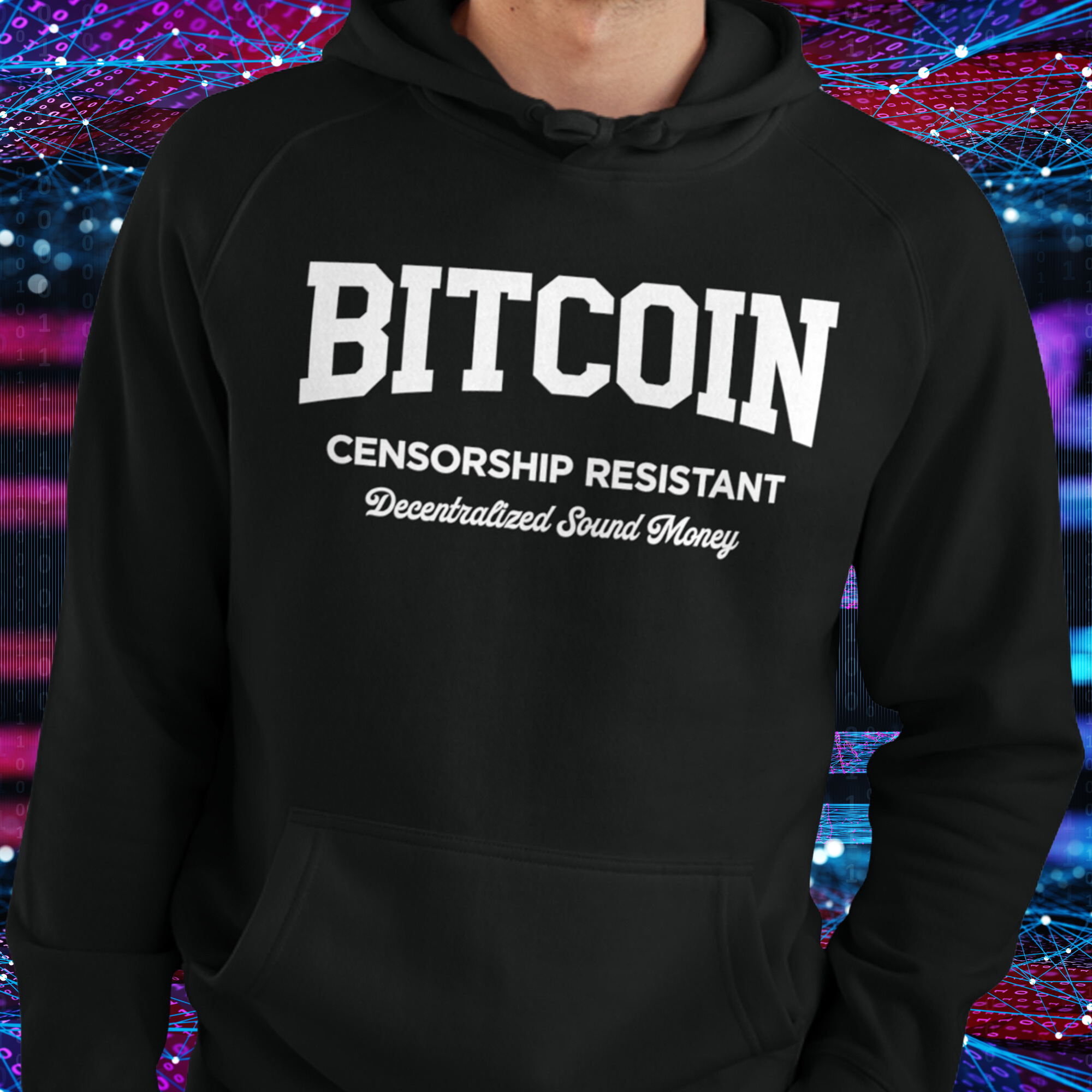 Bitcoin Apparel - Bitcoin Censorship Resistant Hoodie worn by a male model. Front view.