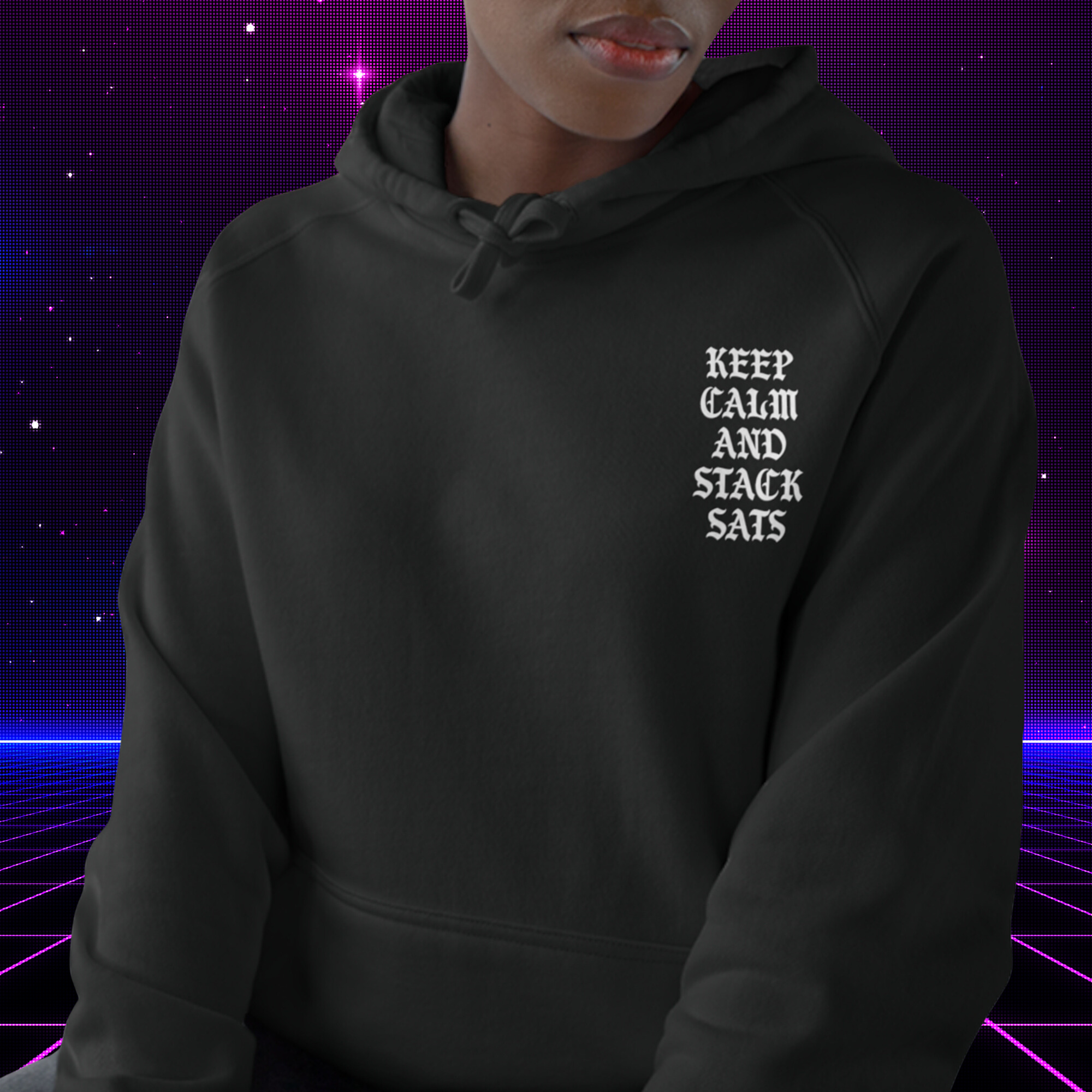 Bitcoin Merch - Keep Calm And Stack Sats Hoodie. Female model image (front view).