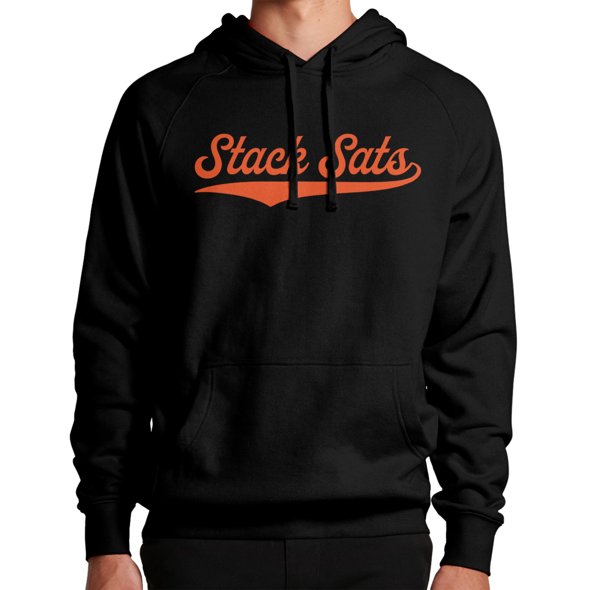 Bitcoin Apparel - Our Stack Sats Hoodie features an orange script logo. Hoodie color: Black. Model image (front view).