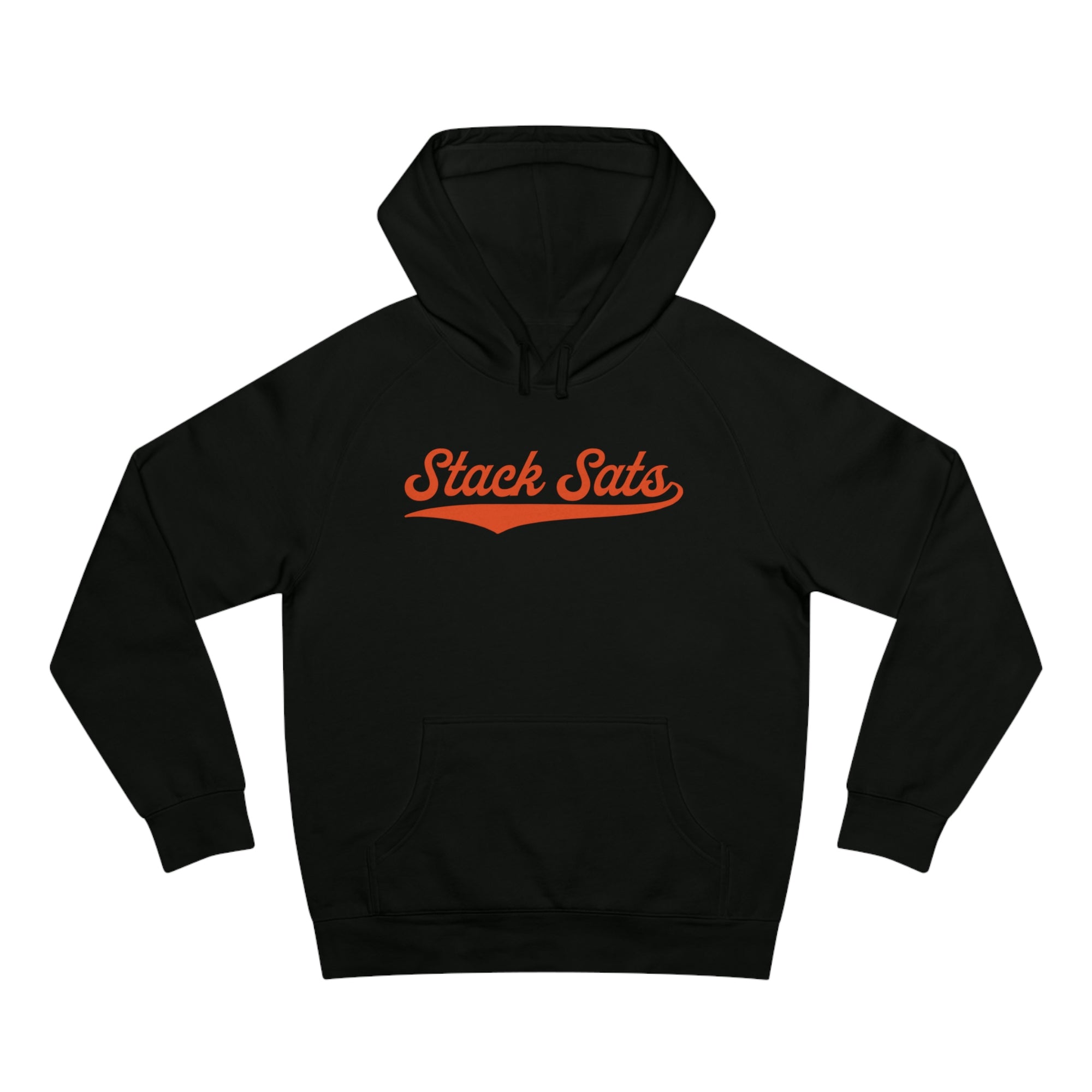 Bitcoin Hoodie - Our Stack Sats Hoodie features an orange script logo. Hoodie color: Black. Front view.