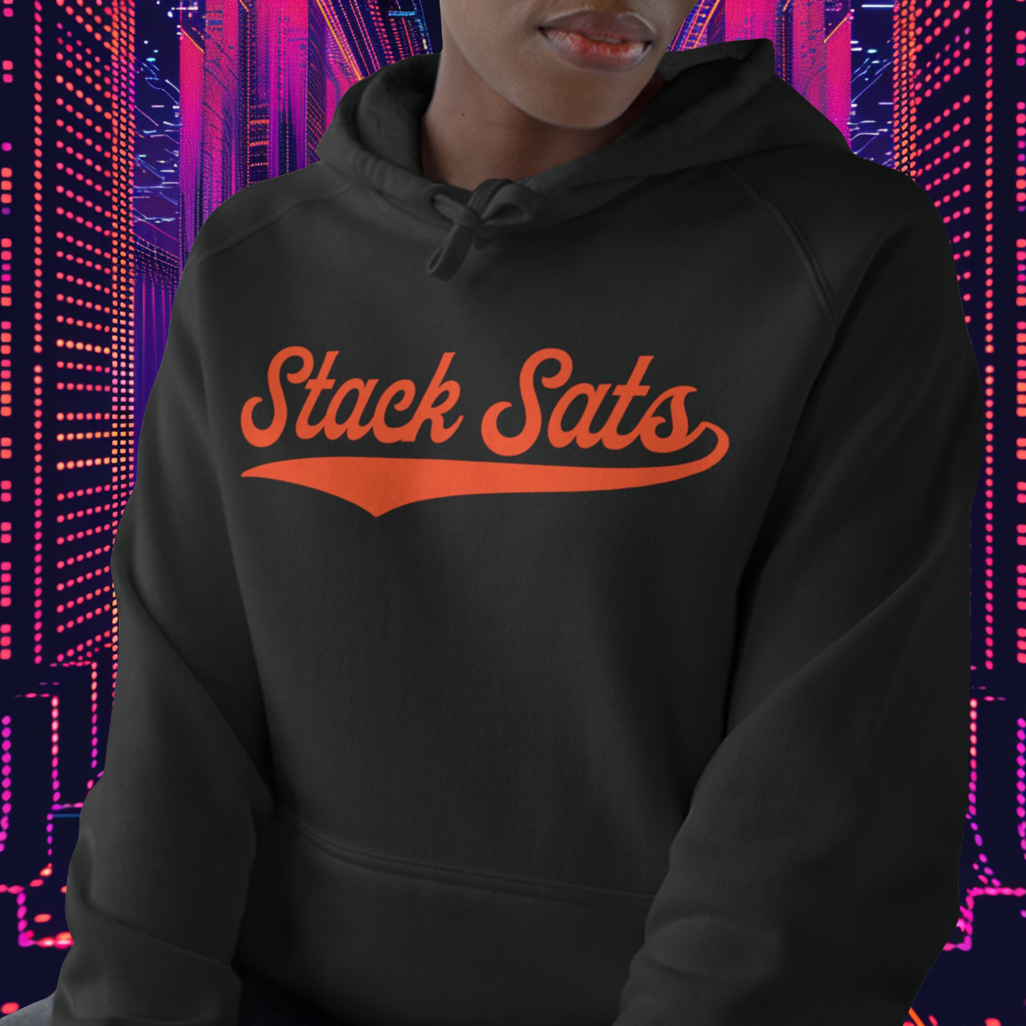  Stack Sats Hoodie (Orange Logo). Female model. Front view. Available at NEONCRYPTO STORE. 