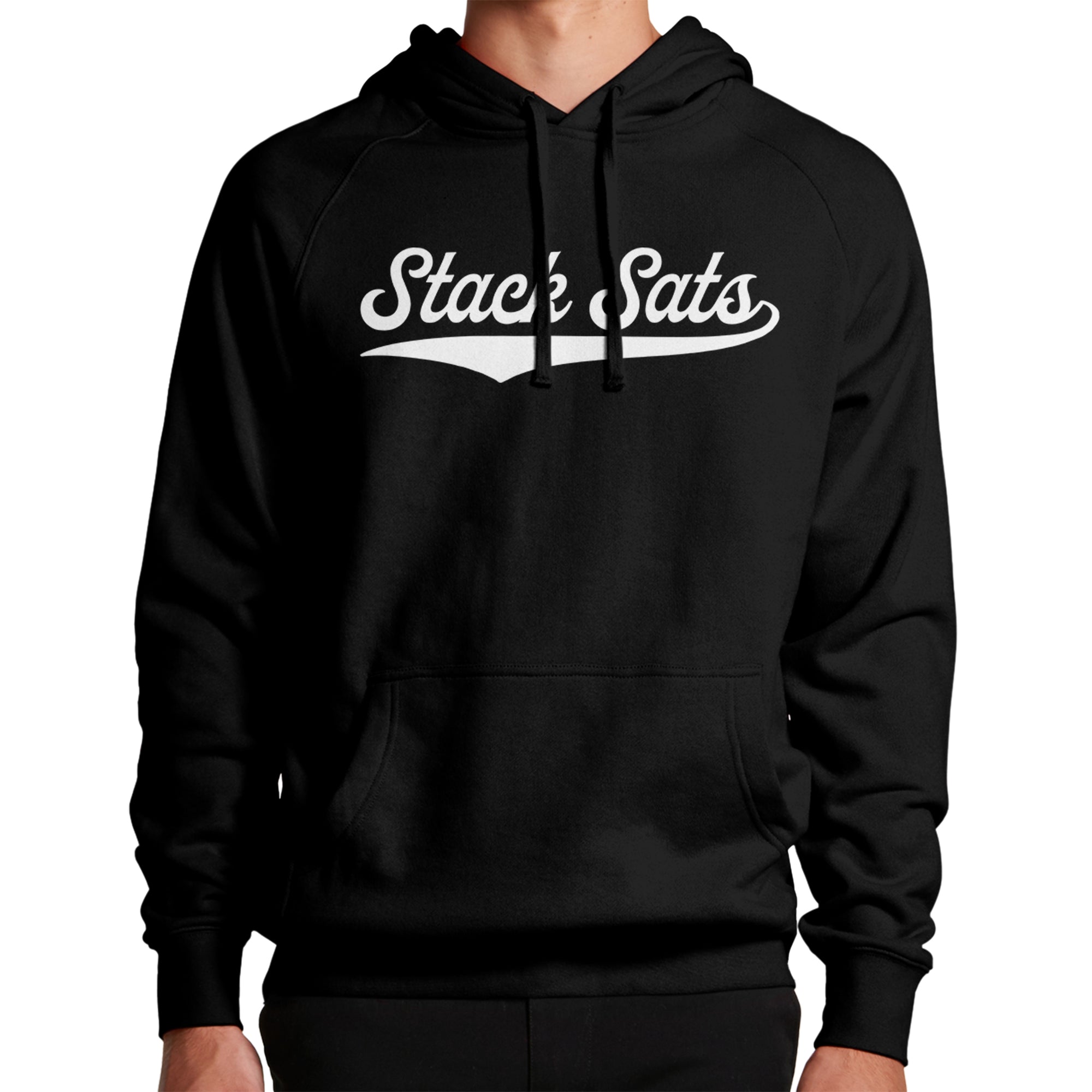 Bitcoin Apparel - Our Stack Sats Hoodie features a white logo design. Model image (front view).