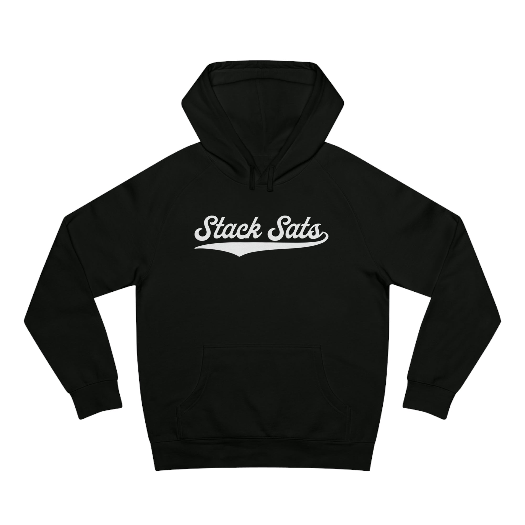 Bitcoin Hoodie - Our Stack Sats Hoodie features a white logo design on a black hoodie. Front view.