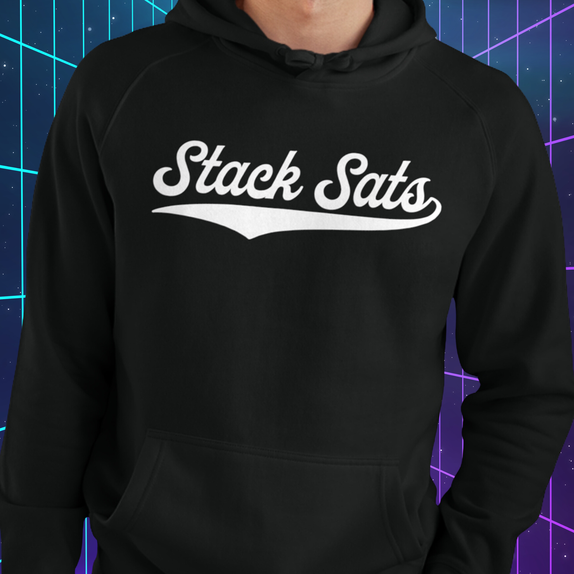 Stack Sats Hoodie (White Logo). Male model. Front view. Available at NEONCRYPTO STORE. 