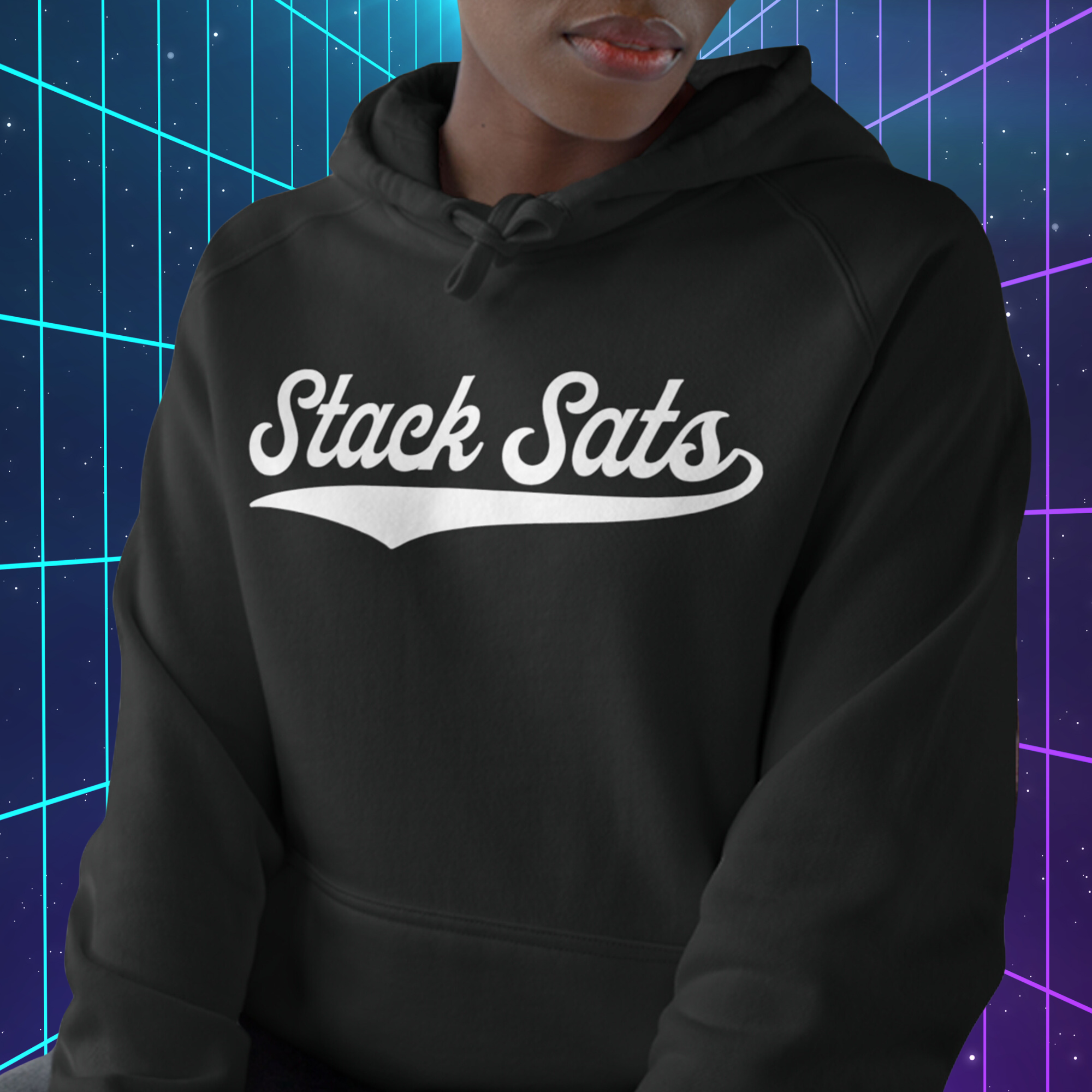 Stack Sats Hoodie (White Logo). Female model. Front view. Available at NEONCRYPTO STORE. 