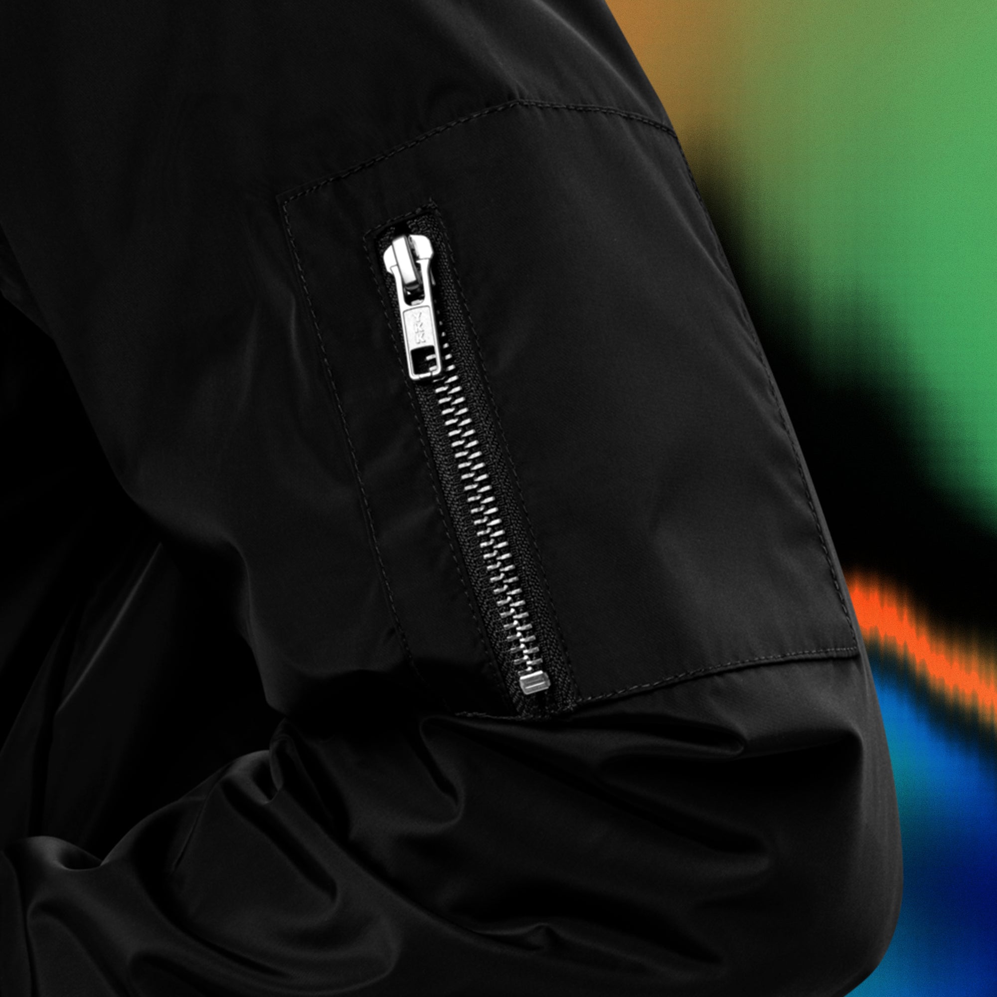 Bitcoin Bull Bomber Jacket - Close up view of utility pocket. Available at NEONCRYPTO STORE.