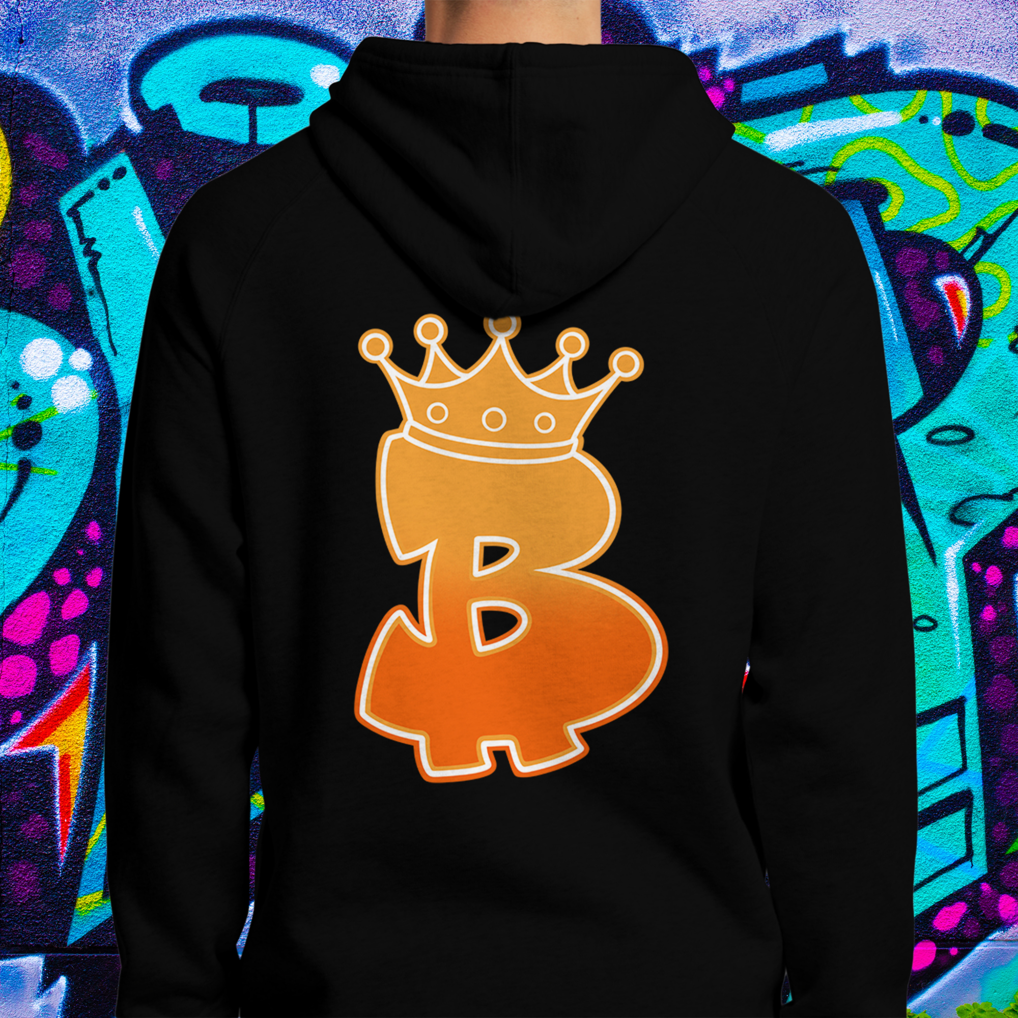 Bitcoin Clothing - Bitcoin Graffiti Hoodie. Male Model Image (back view).
