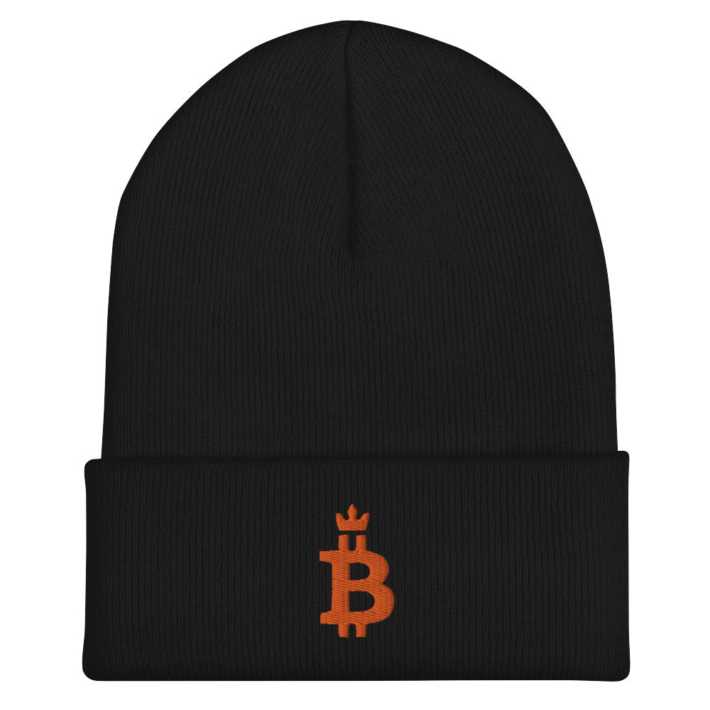 Bitcoin Merchandise - The Bitcoin Dominance Beanie (Orange Logo) features an embroidered design on the front. Color: Black. Front view.