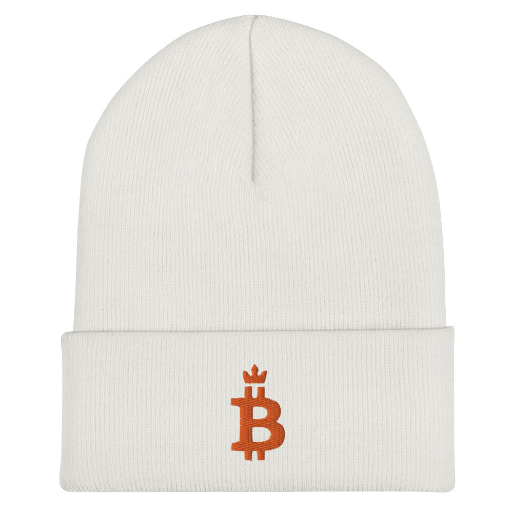 Bitcoin Hat - The Bitcoin Dominance Beanie (Orange Logo) features an embroidered design on the front. Color: White. Front view.