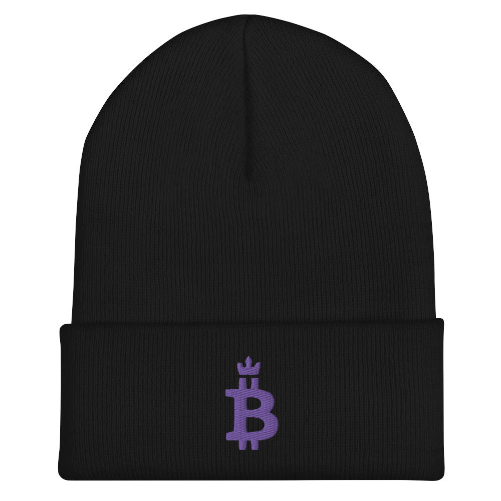 Bitcoin Apparel - The Bitcoin Dominance Beanie (Purple Logo) features an embroidered design on the front. Color: Black. Front view.