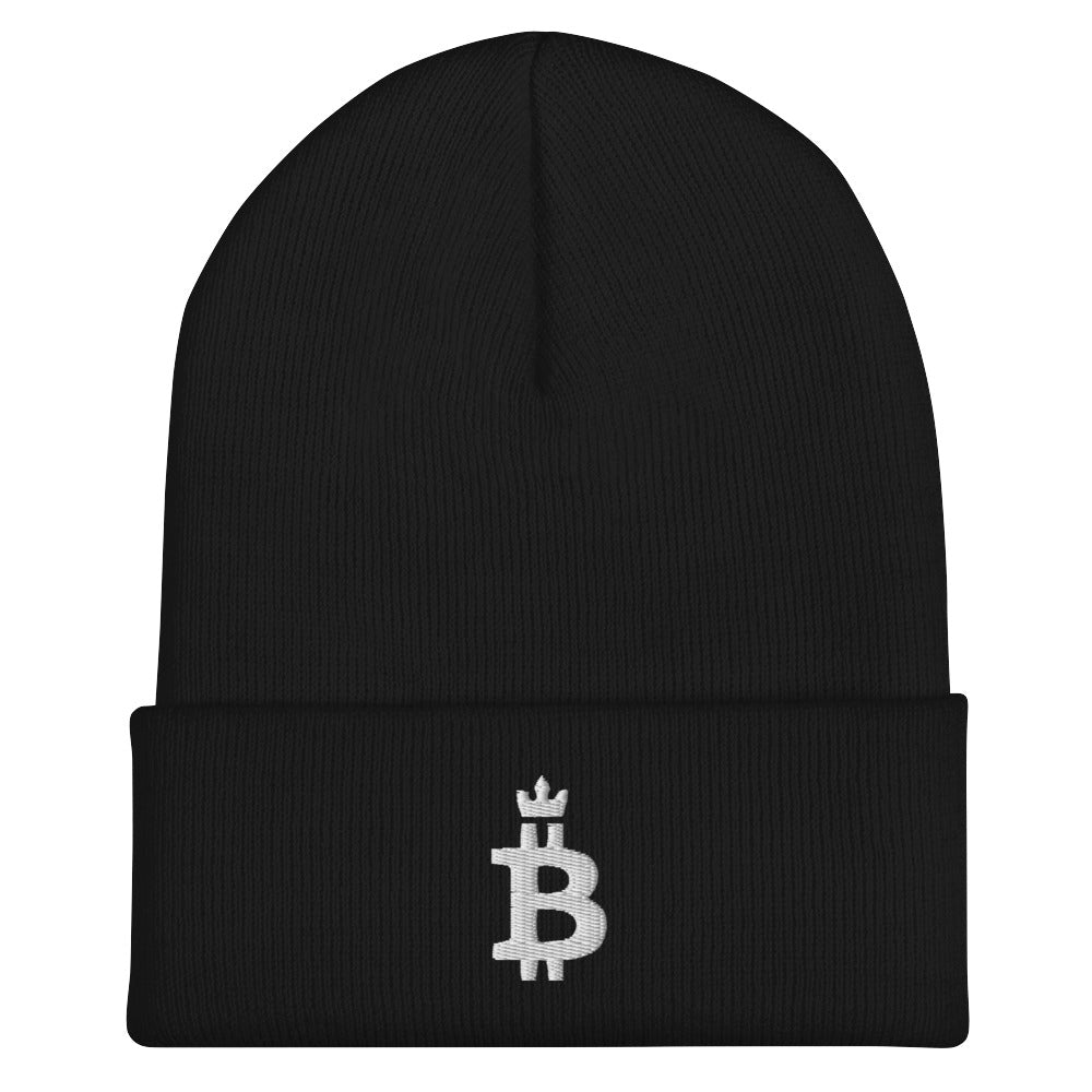 Bitcoin Hat - The Bitcoin Dominance Beanie features a white embroidered logo on the front. Color: Black. Front view.