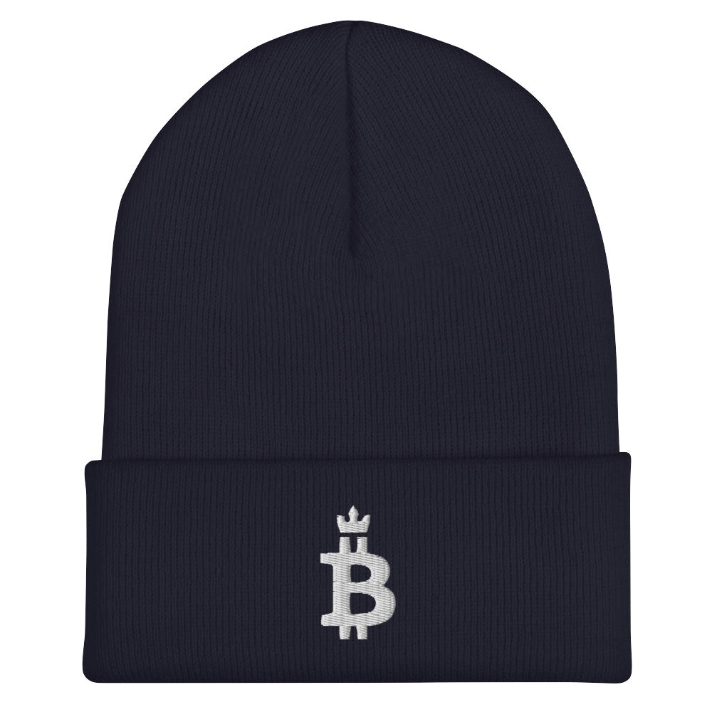 Bitcoin Merchandise - The Bitcoin Dominance Beanie features a white embroidered logo on the front. Color: Navy. Front view.