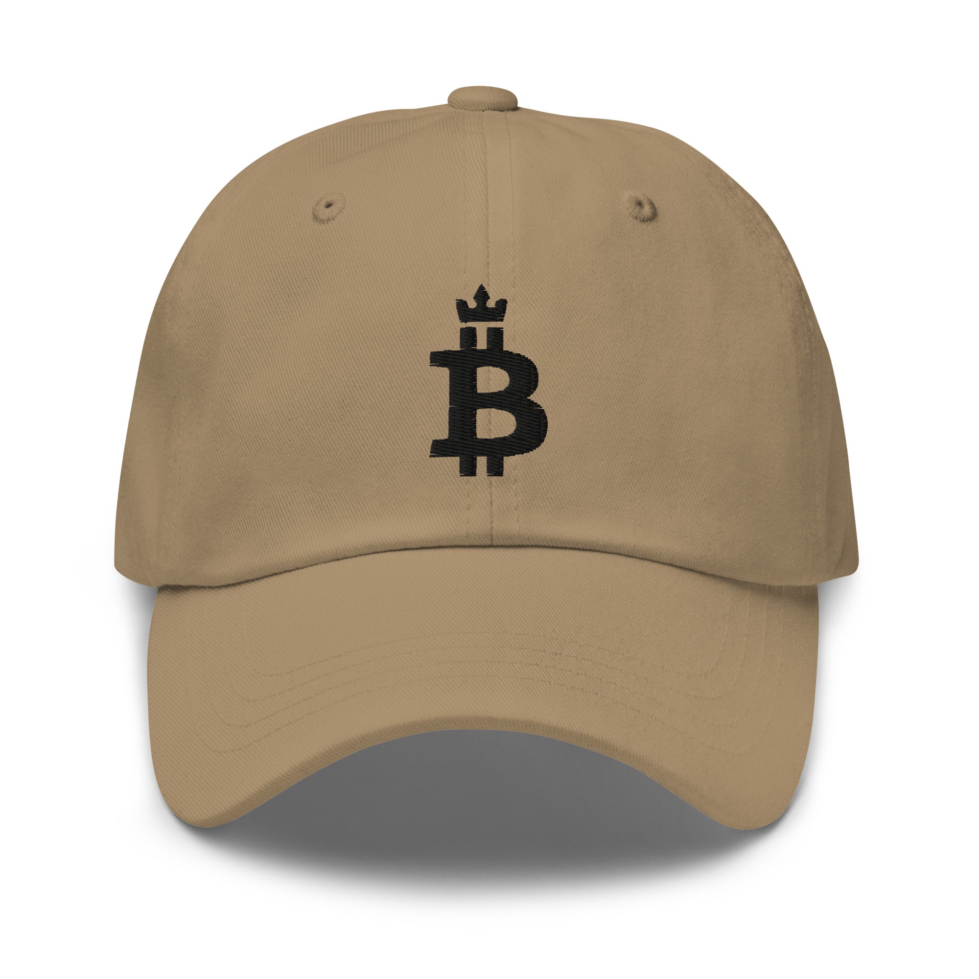 Bitcoin Merch - This Bitcoin Dominance Hat features an embroidered Bitcoin design on the front of a khaki cap. Front view.