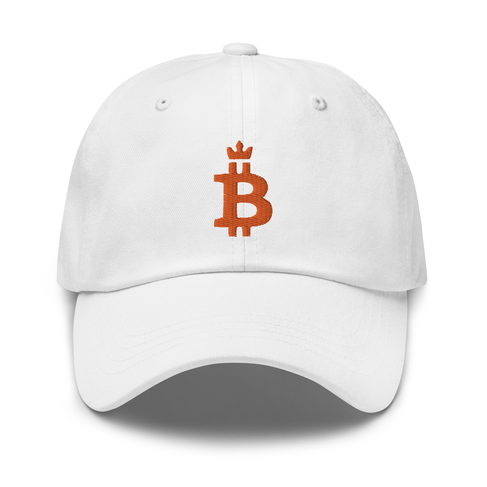 Bitcoin Hat - This Bitcoin Dominance Hat features an embroidered design on a white cap. Front view.