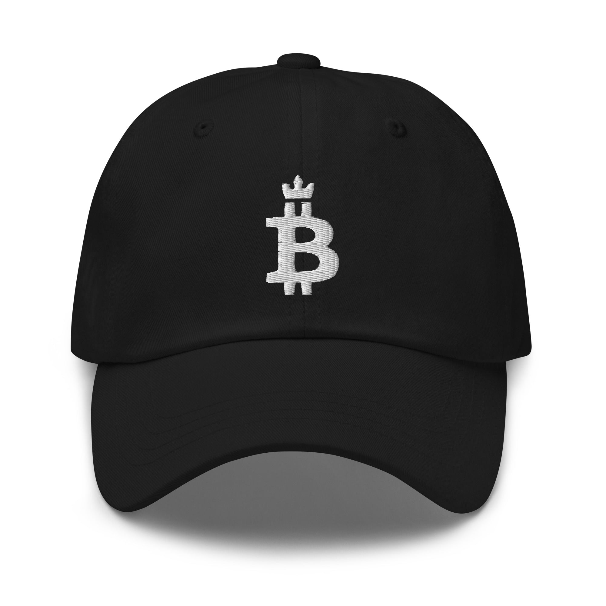 Bitcoin Hat - This Bitcoin Dominance Hat features an embroidered Bitcoin design on the front of a black cap. Front view.