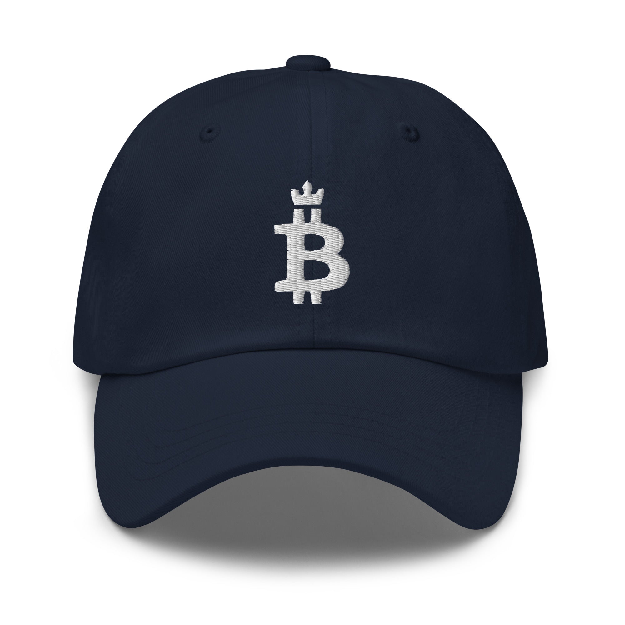 Bitcoin Hat - This Bitcoin Dominance Hat features an embroidered Bitcoin design on the front of a navy cap. Front view.