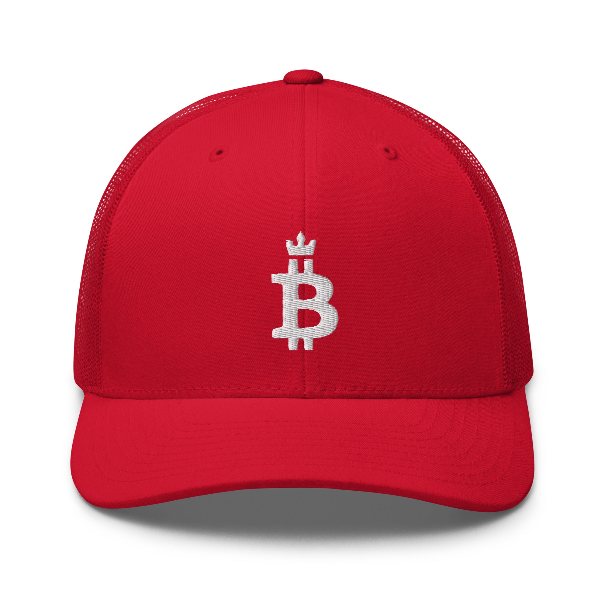 Bitcoin Hat - The Bitcoin Dominance Trucker Hat features an embroidered Bitcoin design on a red cap. Front view.
