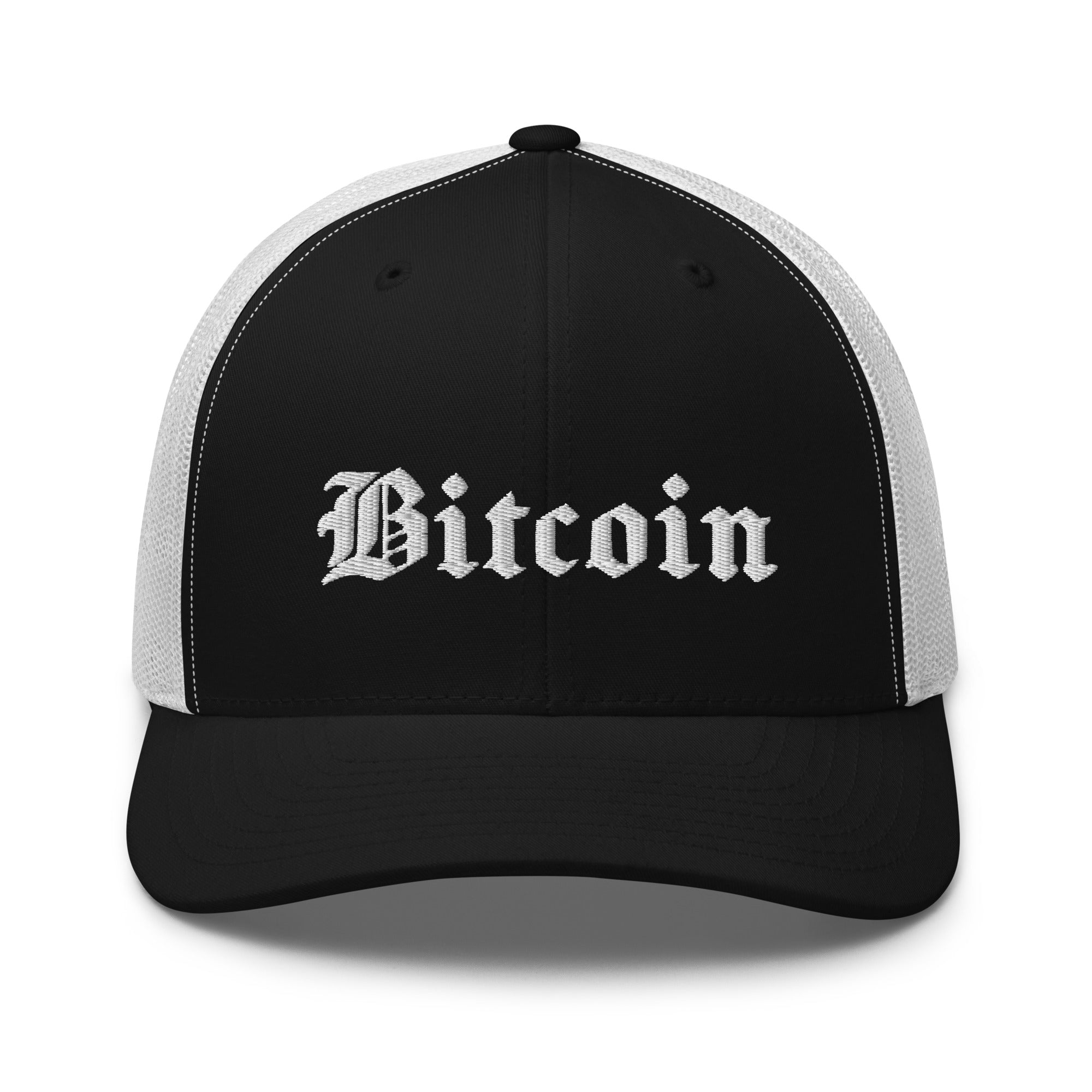 Bitcoin Hat - The Bitcoin Gothic Trucker Hat features a Gothic script logo on a black and white cap. Front view.