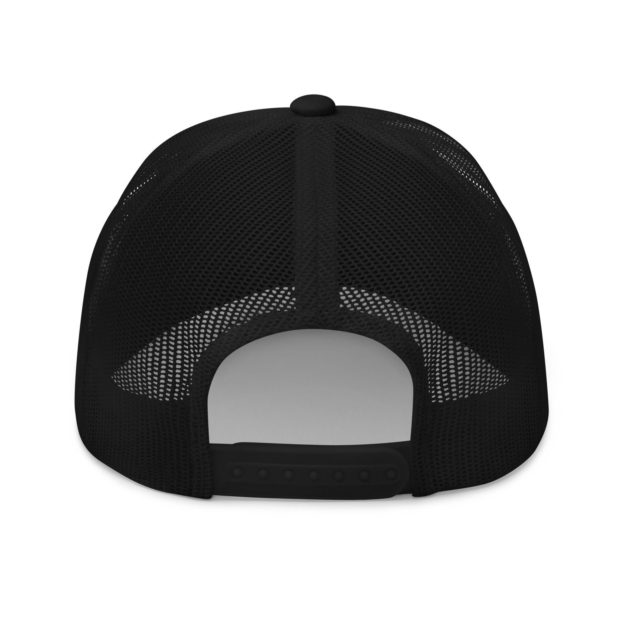 Bitcoin Headwear - The Bitcoin Gothic Trucker Hat has mesh back panels and a snapback closure. Back view.