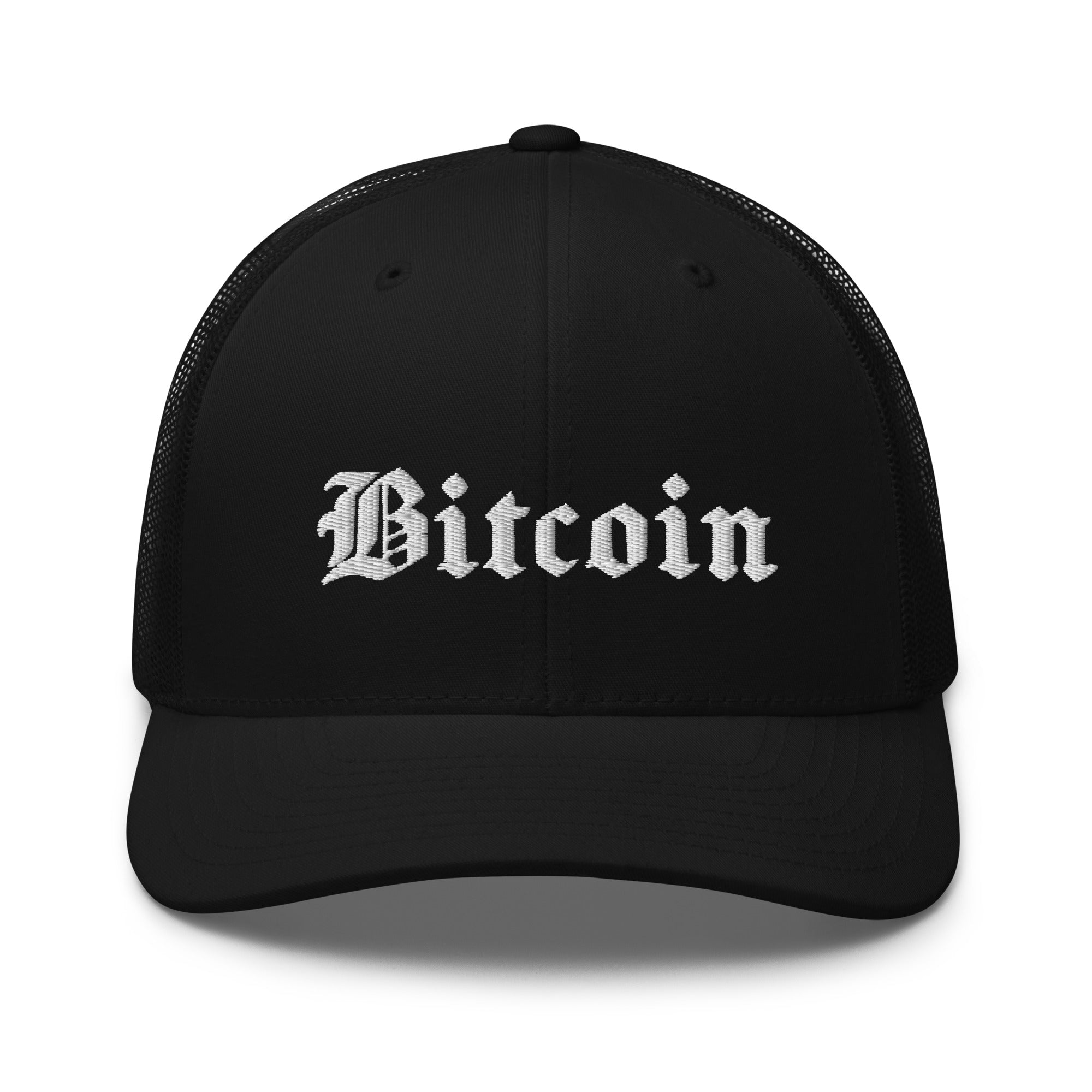 Bitcoin Hat - The Bitcoin Gothic Trucker Hat features a Gothic script design on a black cap. Front view.