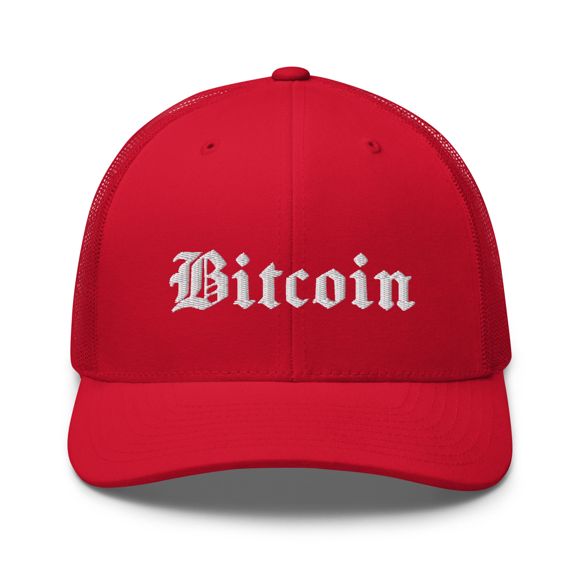 Bitcoin Hat - The Bitcoin Gothic Trucker Hat features a Gothic script design on a red cap. Front view.