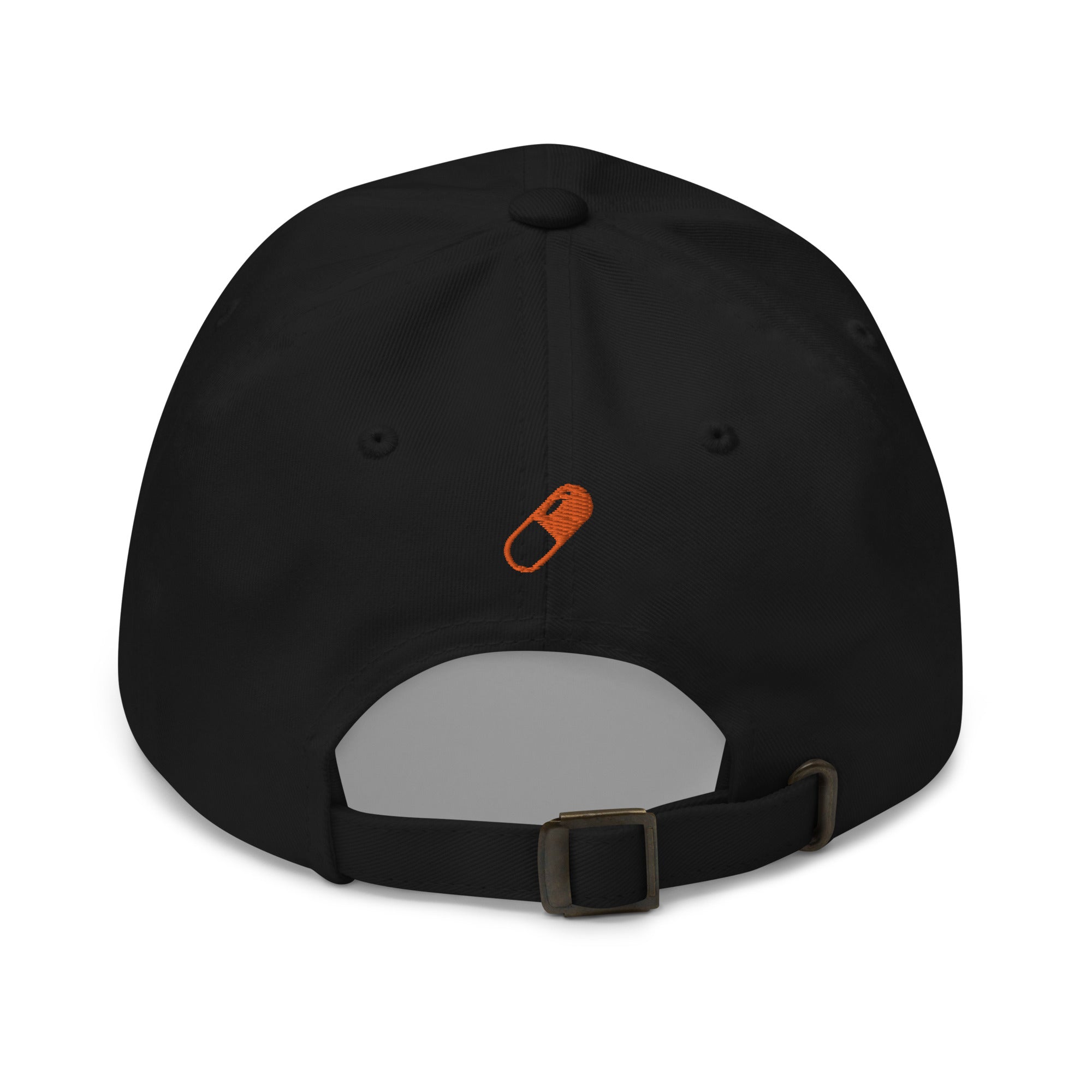 Bitcoin Headwear - The Orange Pilled Hat features embroidered designs on the front and back of a black cap. Back view. 
