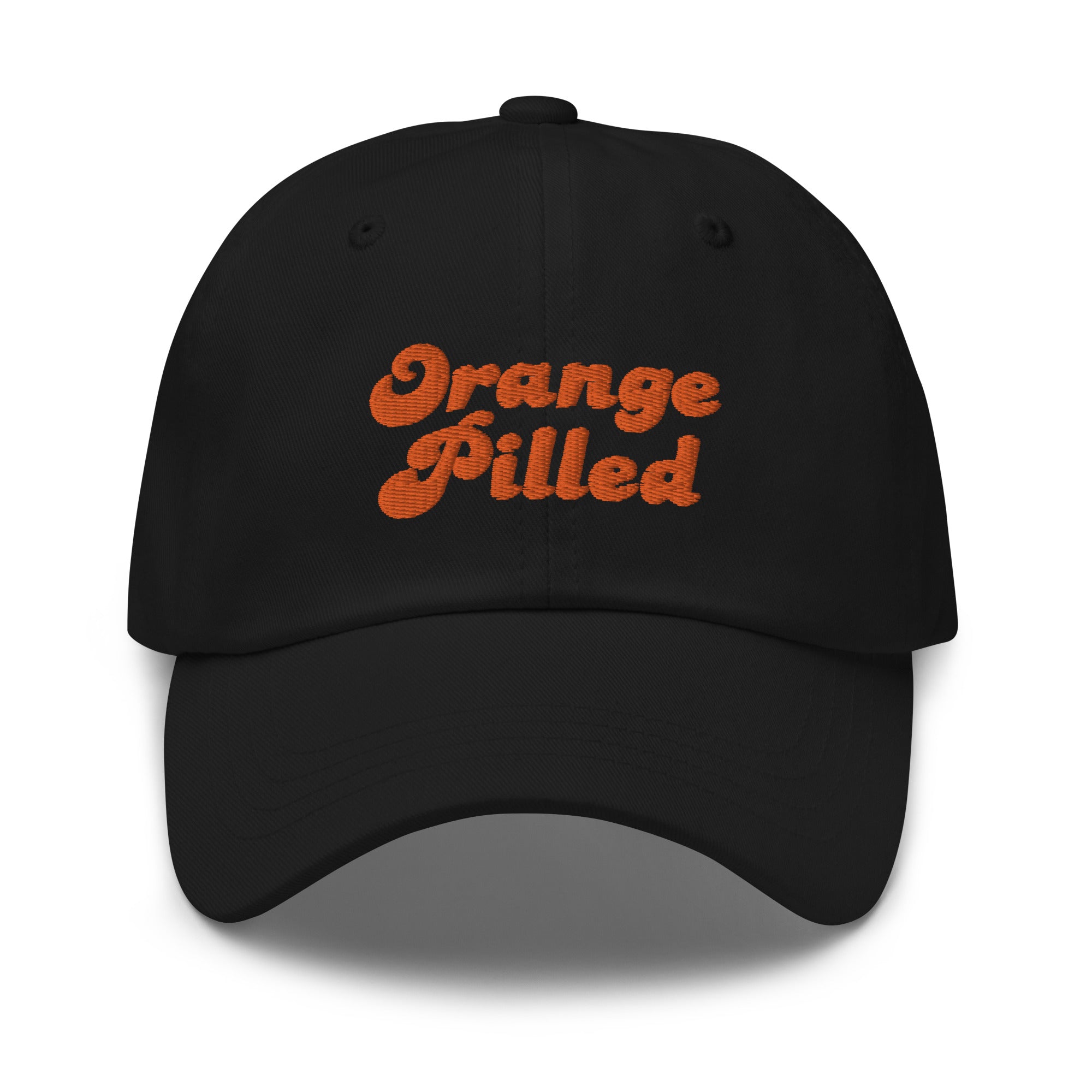 Bitcoin Hat - The Orange Pilled Hat features embroidered designs on the front and back. Color: Black. Front view. 