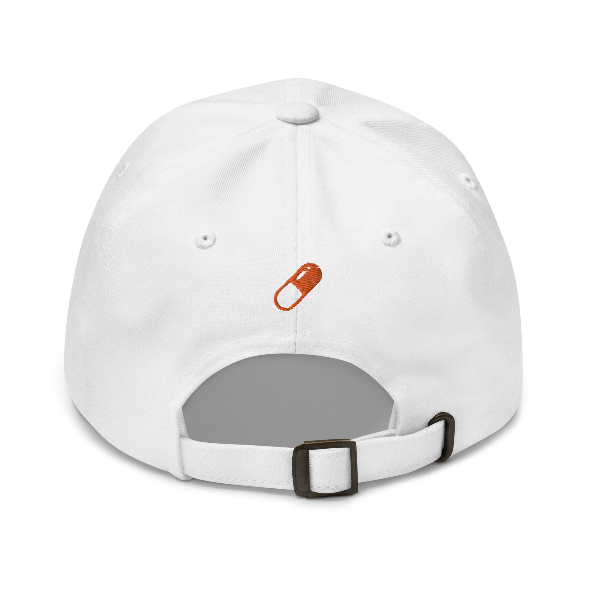 Bitcoin Merchandise - The Orange Pilled Hat features embroidered designs on the front and back of a white cap. Back view. 