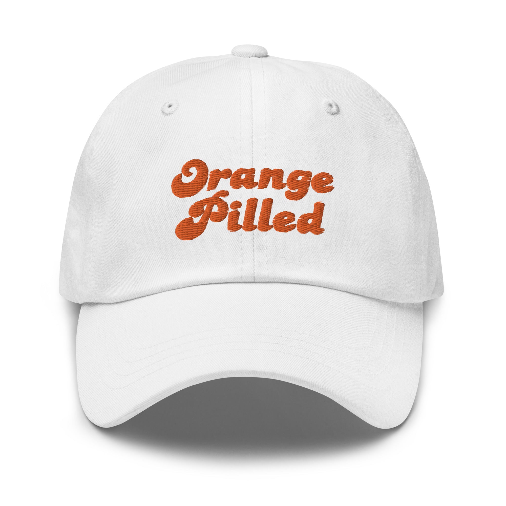 Bitcoin Cap - The Orange Pilled Hat features embroidered designs on the front and back of a white cap. Front view.