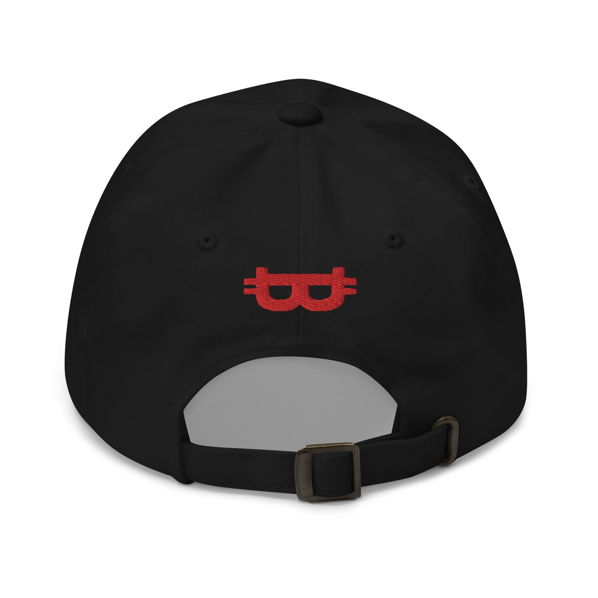 Bitcoin Merch - The Satoshi Hat (Red Logo) features embroidered designs on the front and back of a black cap. Back view. 