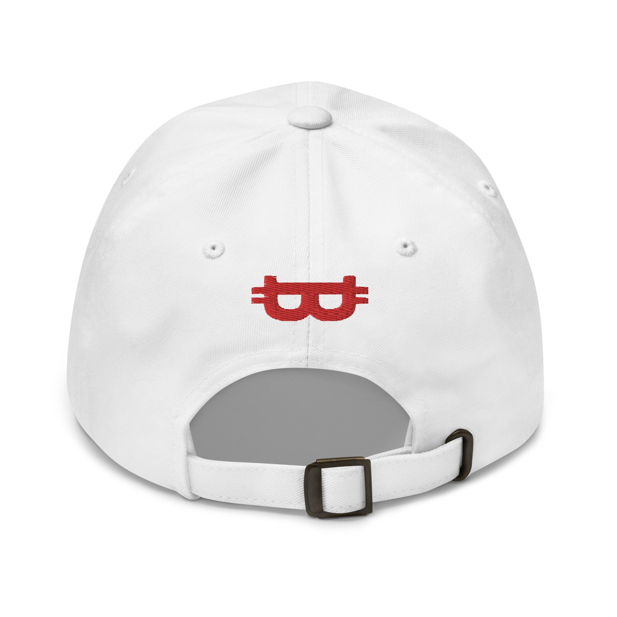 Bitcoin Merchandise - The Satoshi Hat (Red Logo) features embroidered designs on the front and back of a white cap. Back view. 