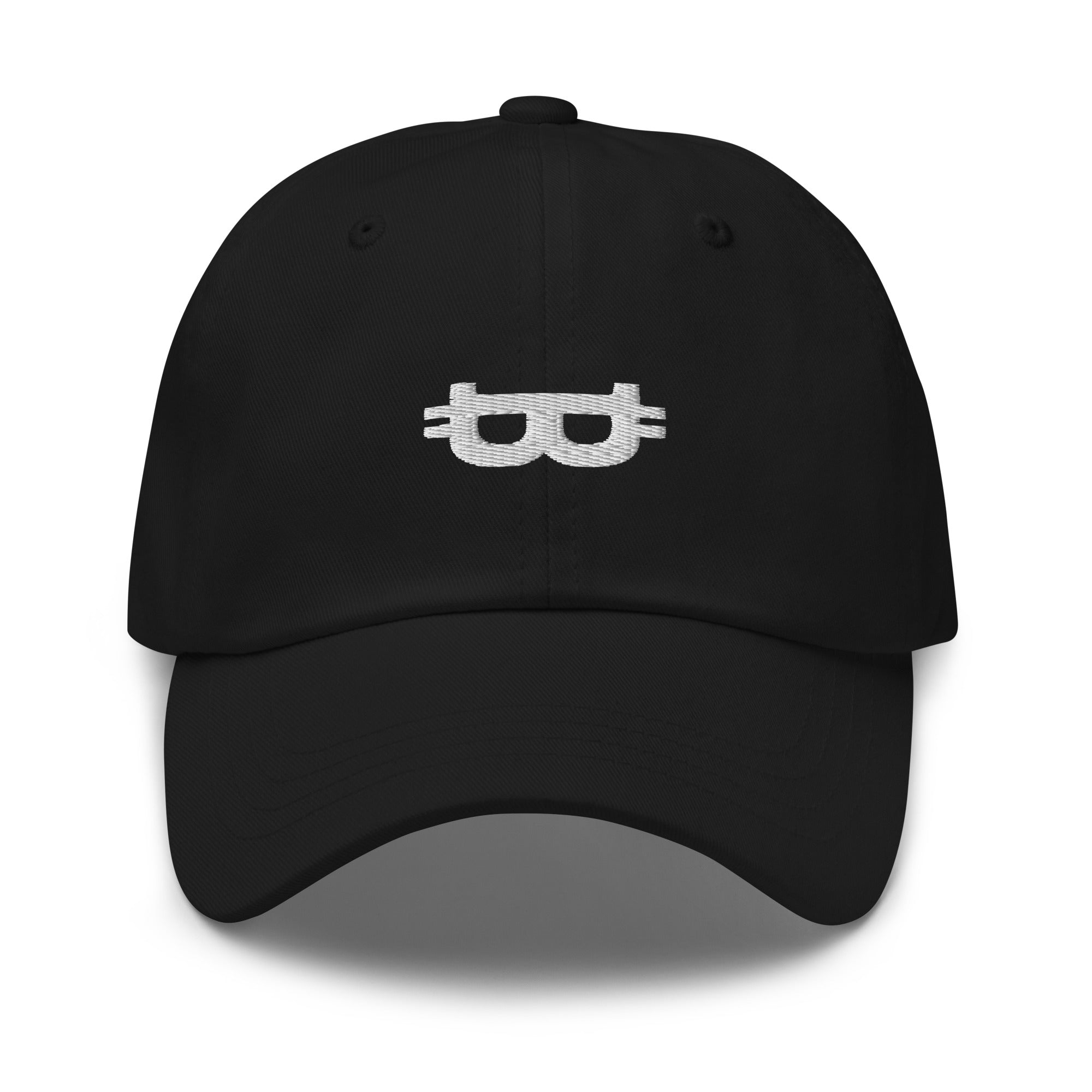 Bitcoin Hat - The Satoshi Mask Hat features an embroidered logo on the front of a black cap. Front view.