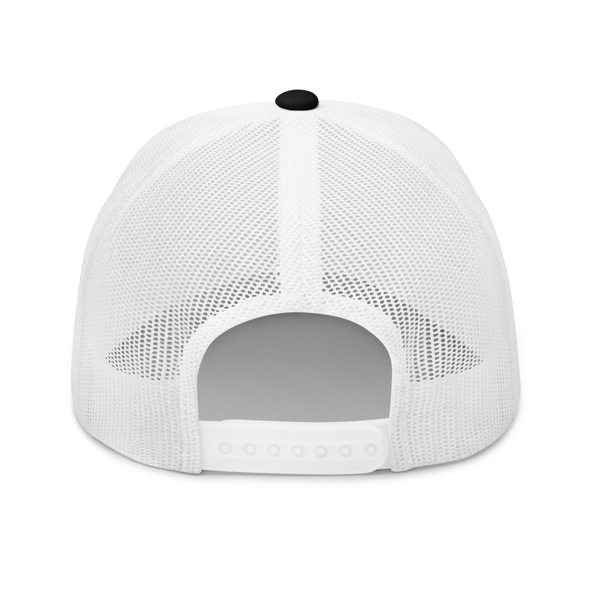 Bitcoin Accessories - The Satoshi Trucker Hat has mesh back panels and a snapback closure. Color: Black and White. Back view.