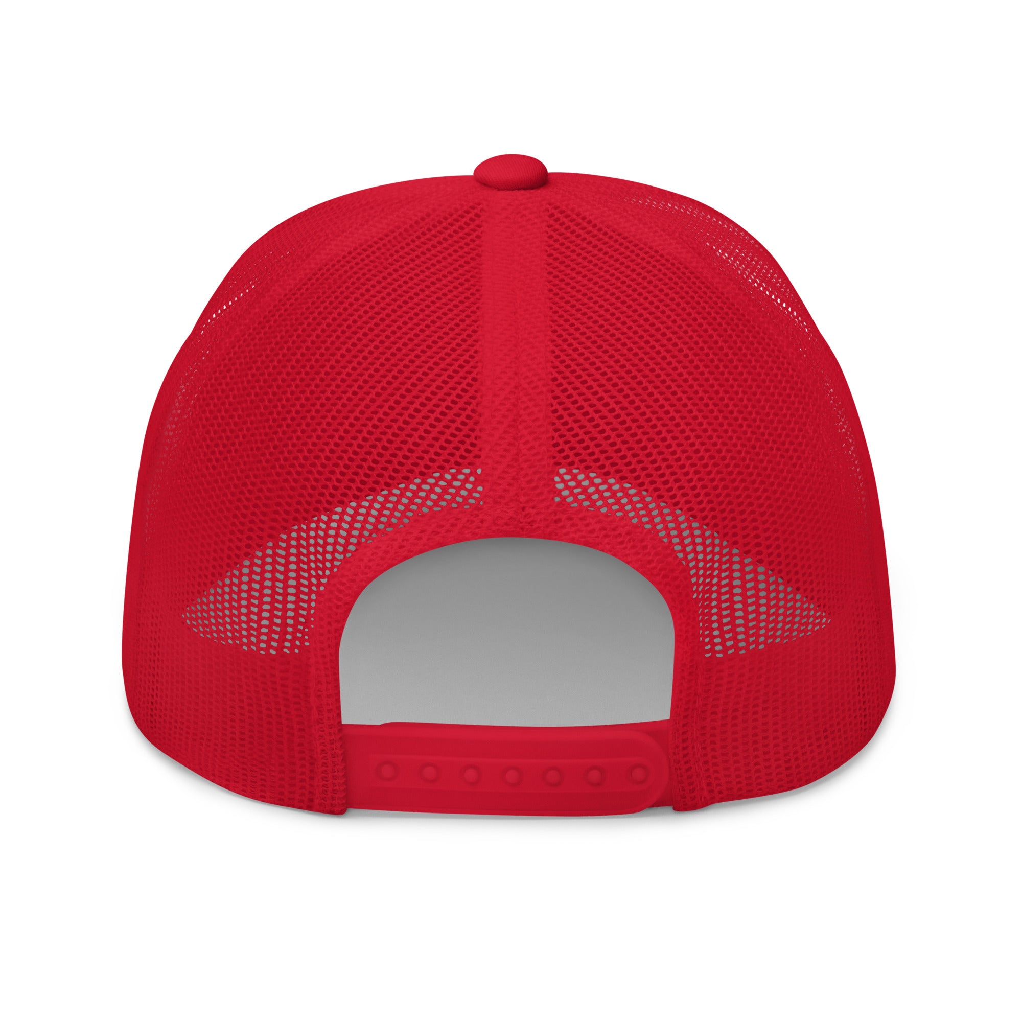 Bitcoin Merch - The Satoshi Trucker Hat has mesh back panels and a snapback closure. Color: Red. Back view.