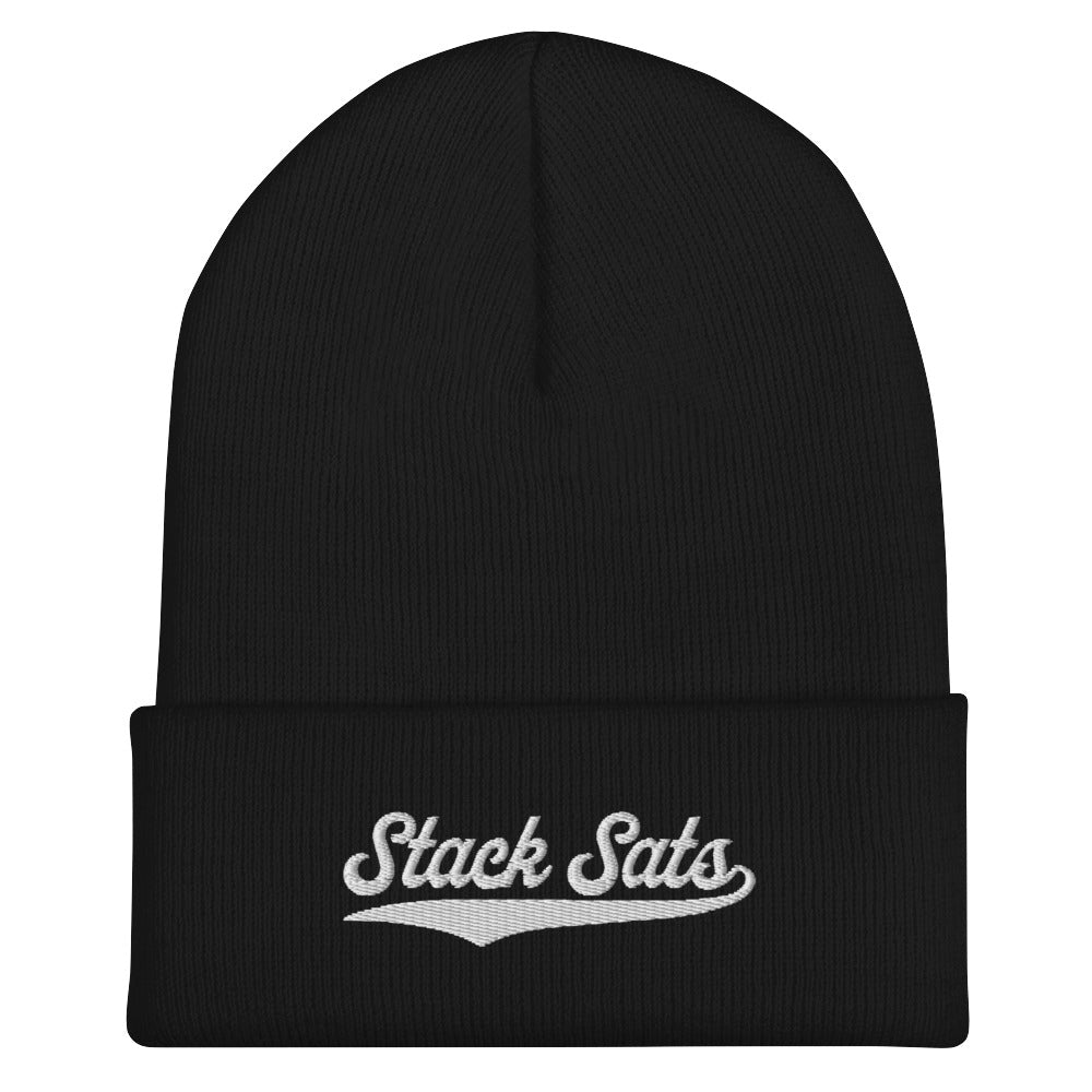 Bitcoin Merch - The Stack Sats Beanie features an embroidered script logo. Color: Black. Front view.