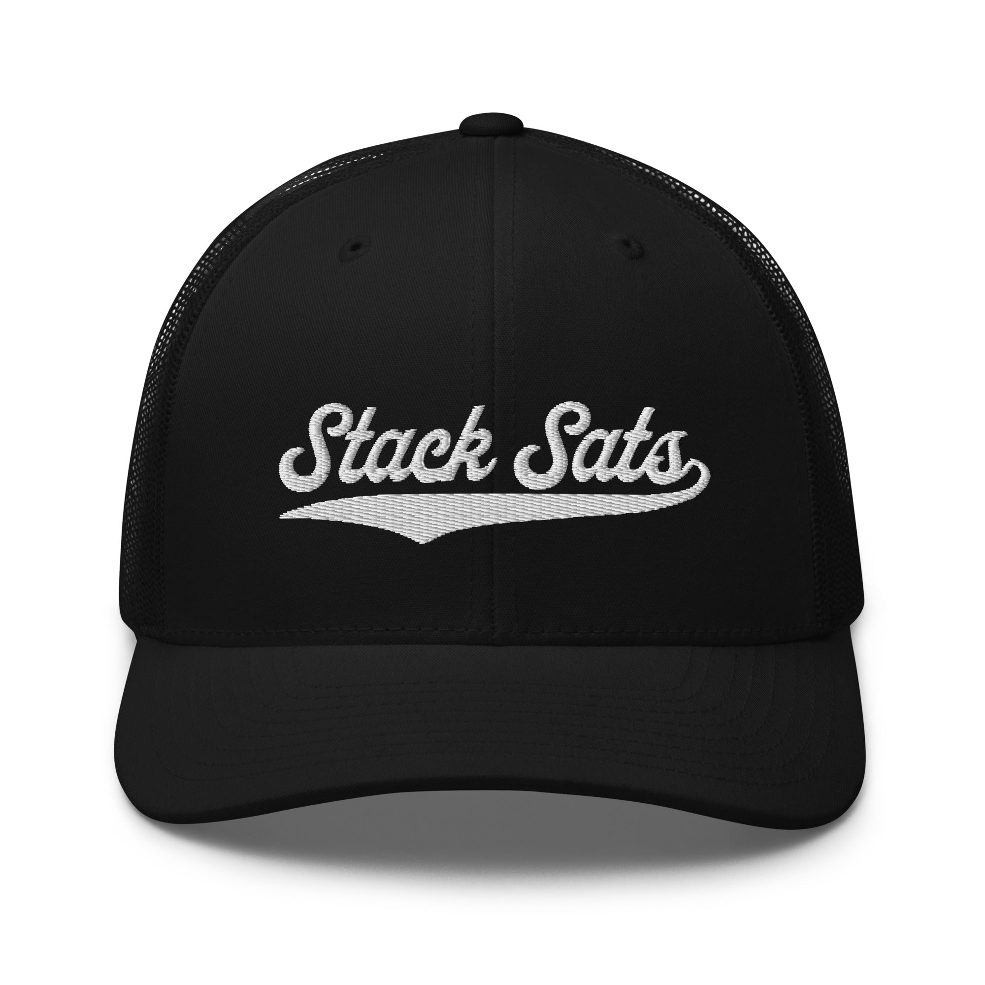 Bitcoin Hat - The Stack Sats Trucker Hat features a script logo on a black cap. Front view.