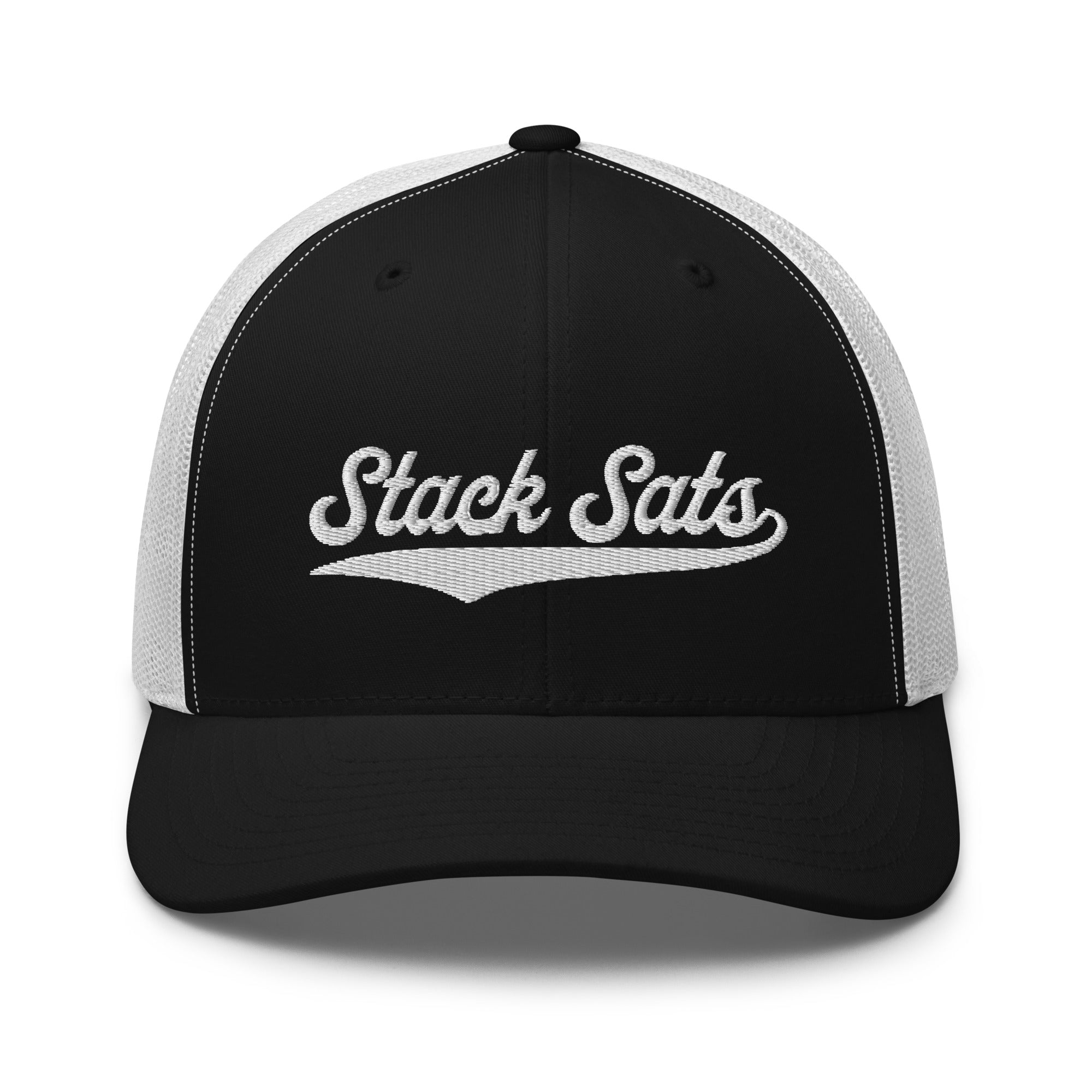 Bitcoin Headwear - The Stack Sats Trucker Hat features a bold script logo. Color: Black and white. Front view.