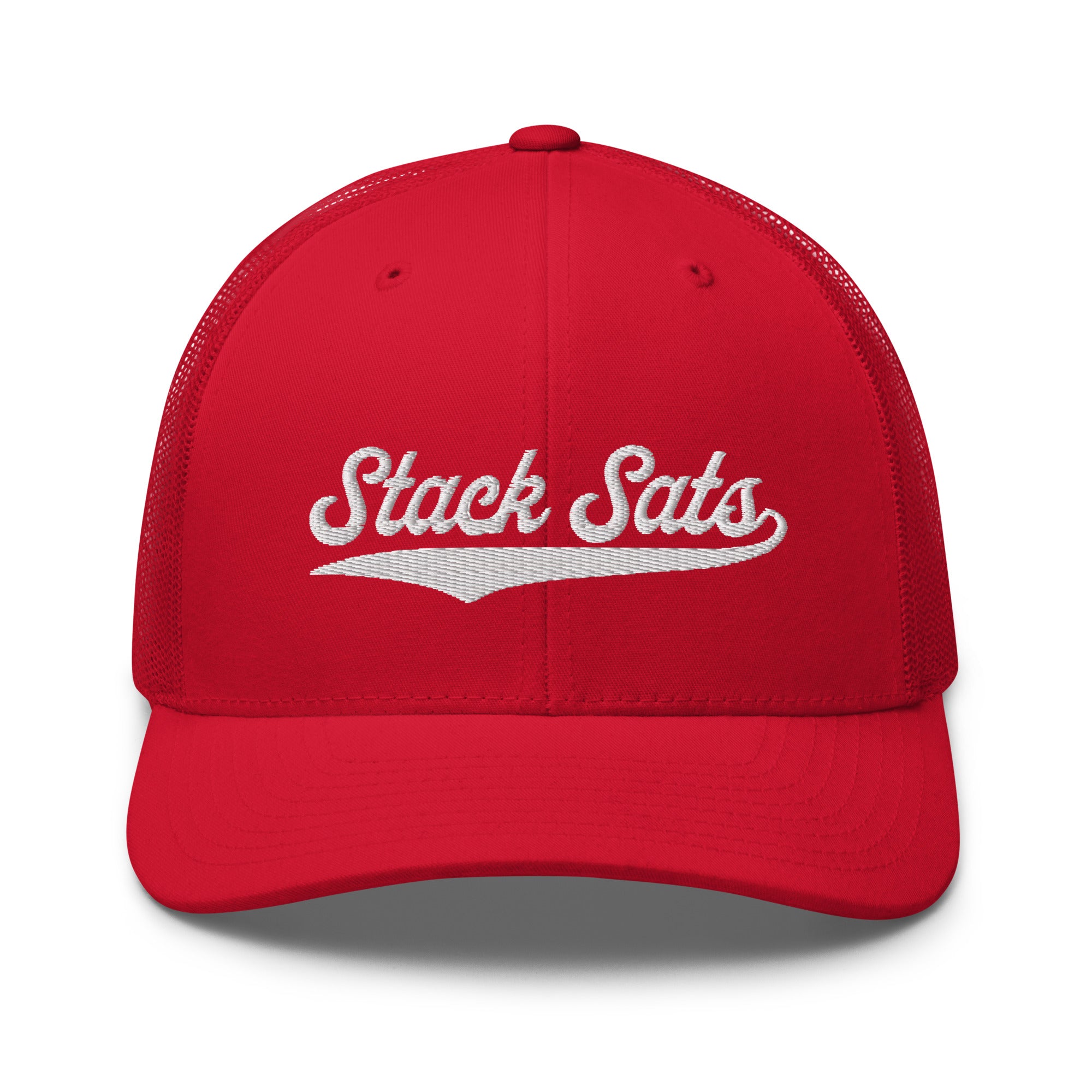 Bitcoin Hat - The Stack Sats Trucker Hat features a bold script logo. Color: Red. Front view.